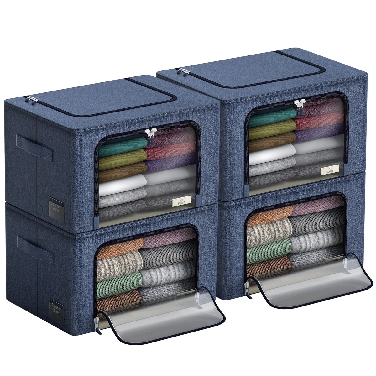 Sorbus Storage Bins with Metal Frame Stackable Foldable Clothes Organizer Bags Oxford Fabric With Clear Window & Handles- 4Pk