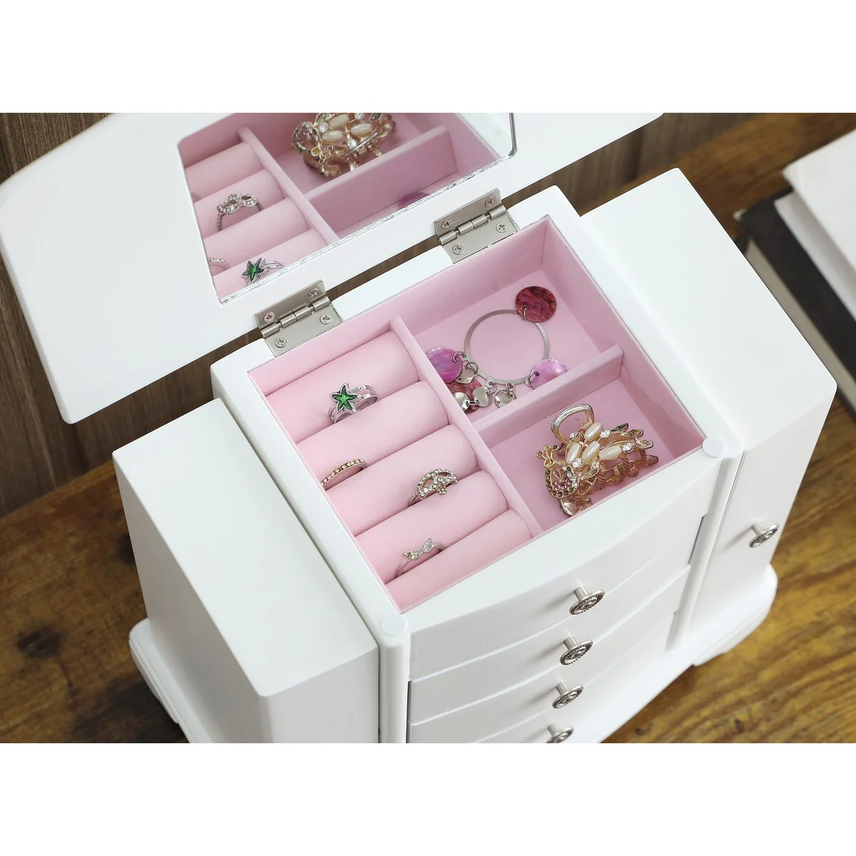 Snow White Wood Jewelry Box with 3 Drawers and 2 doors - 6*10*9.5inch
