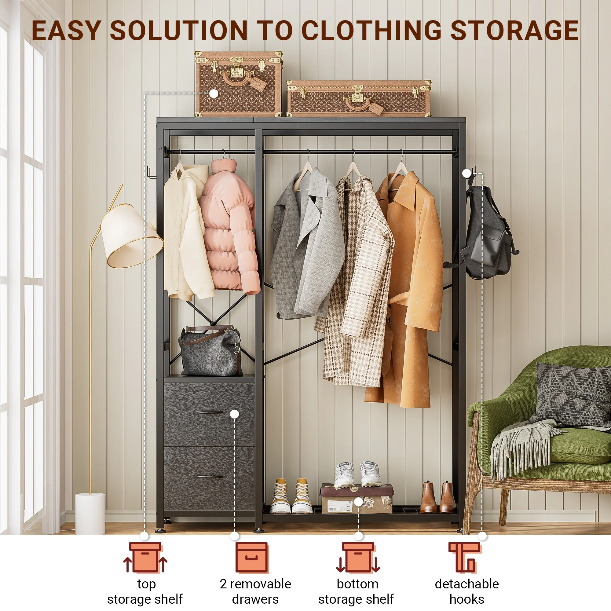 Clothes Rack, Closet Organizer with Storage Shelves, Hanging Bar, Drawers - 47.24