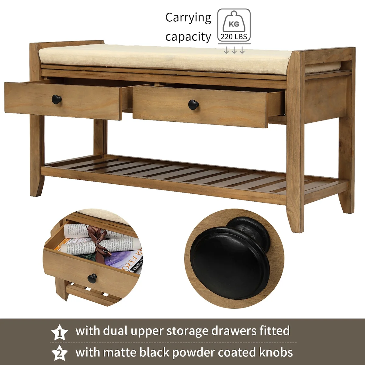 Modern Multipurpose Entryway Storage Bench With Upholstered Seat and Drawers