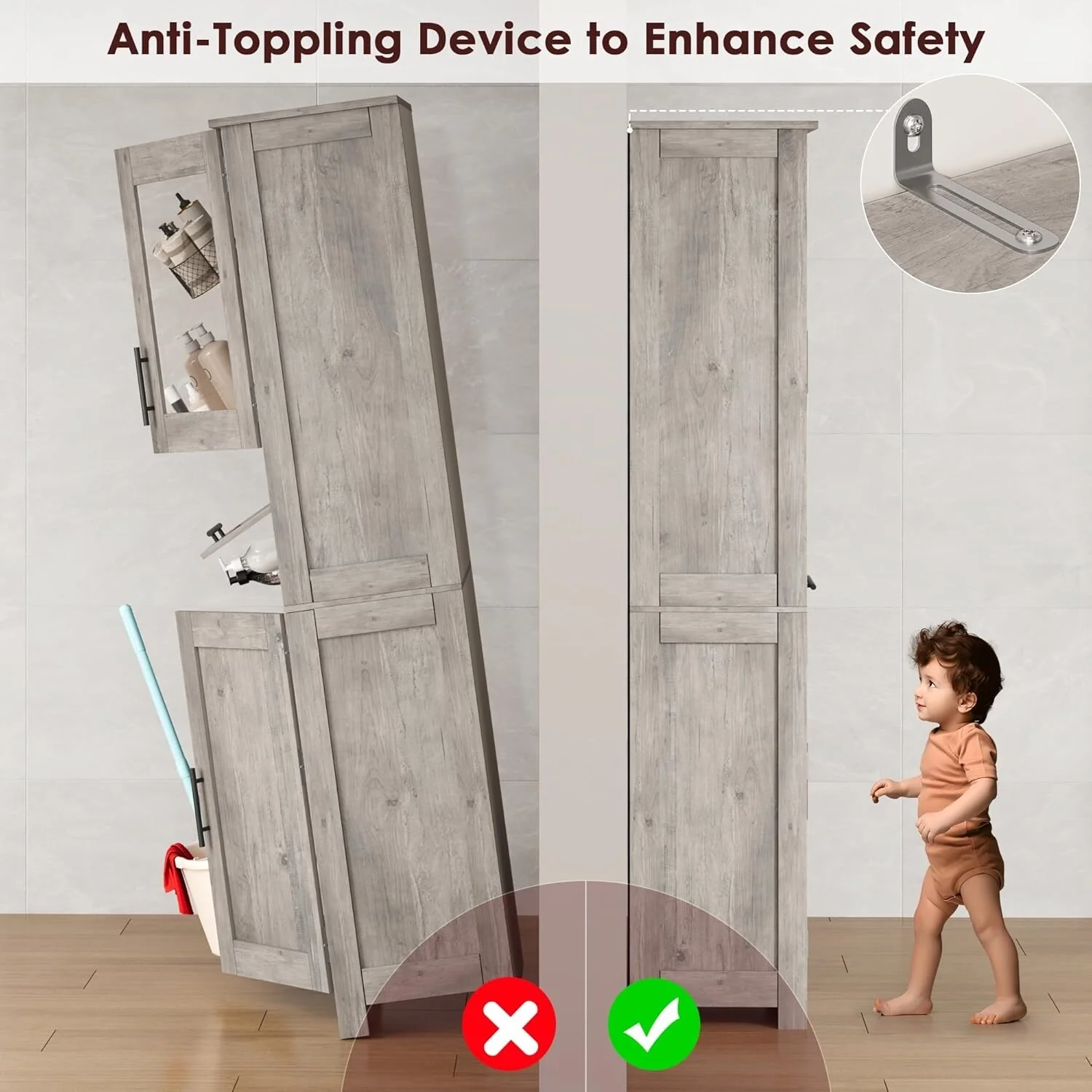 Tall Bathroom Cabinet, Linen Storage Cabinet with Doors and Adjustable Shelves and Drawer