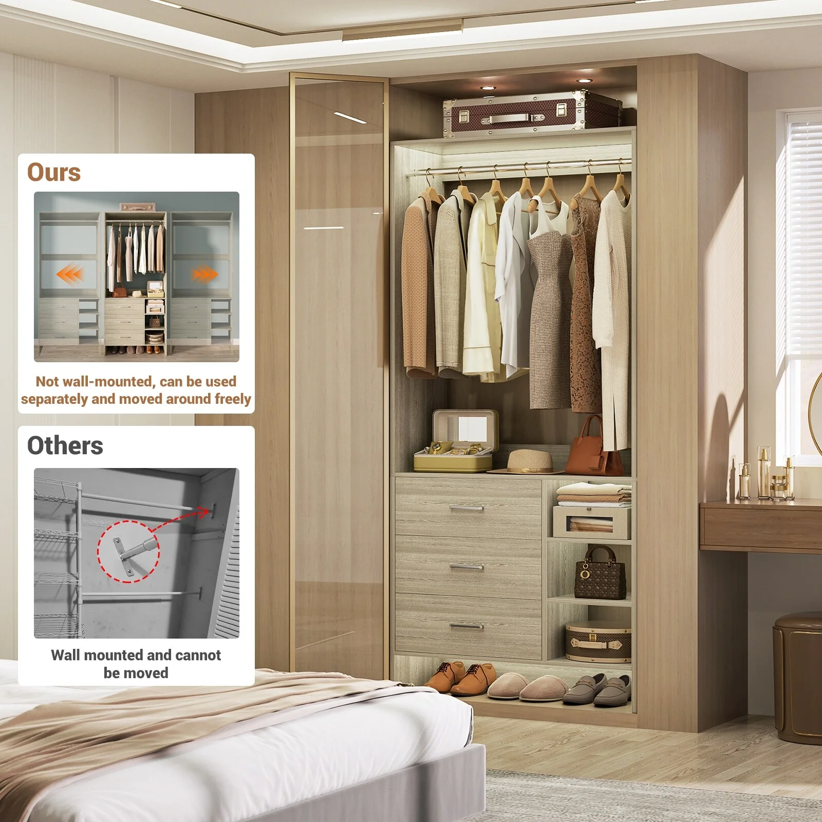 Cimly 30'' W Freestanding Closet Sytem with Hanging Rod, Closet Organizer with Drawers and Shelves
