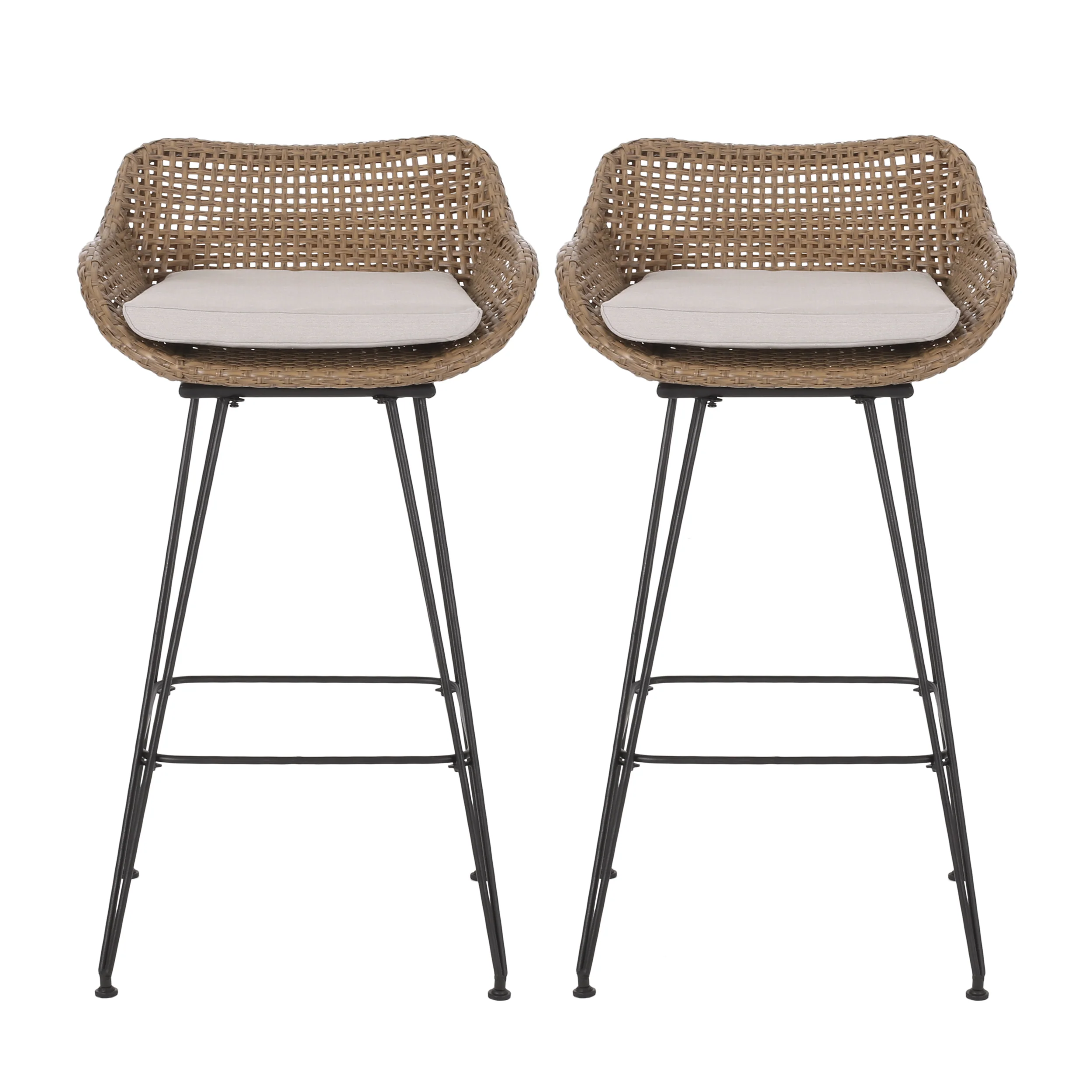 29.25 Outdoor Wicker Bar Stool with Hairpin Legs and Low Back, Set of 2