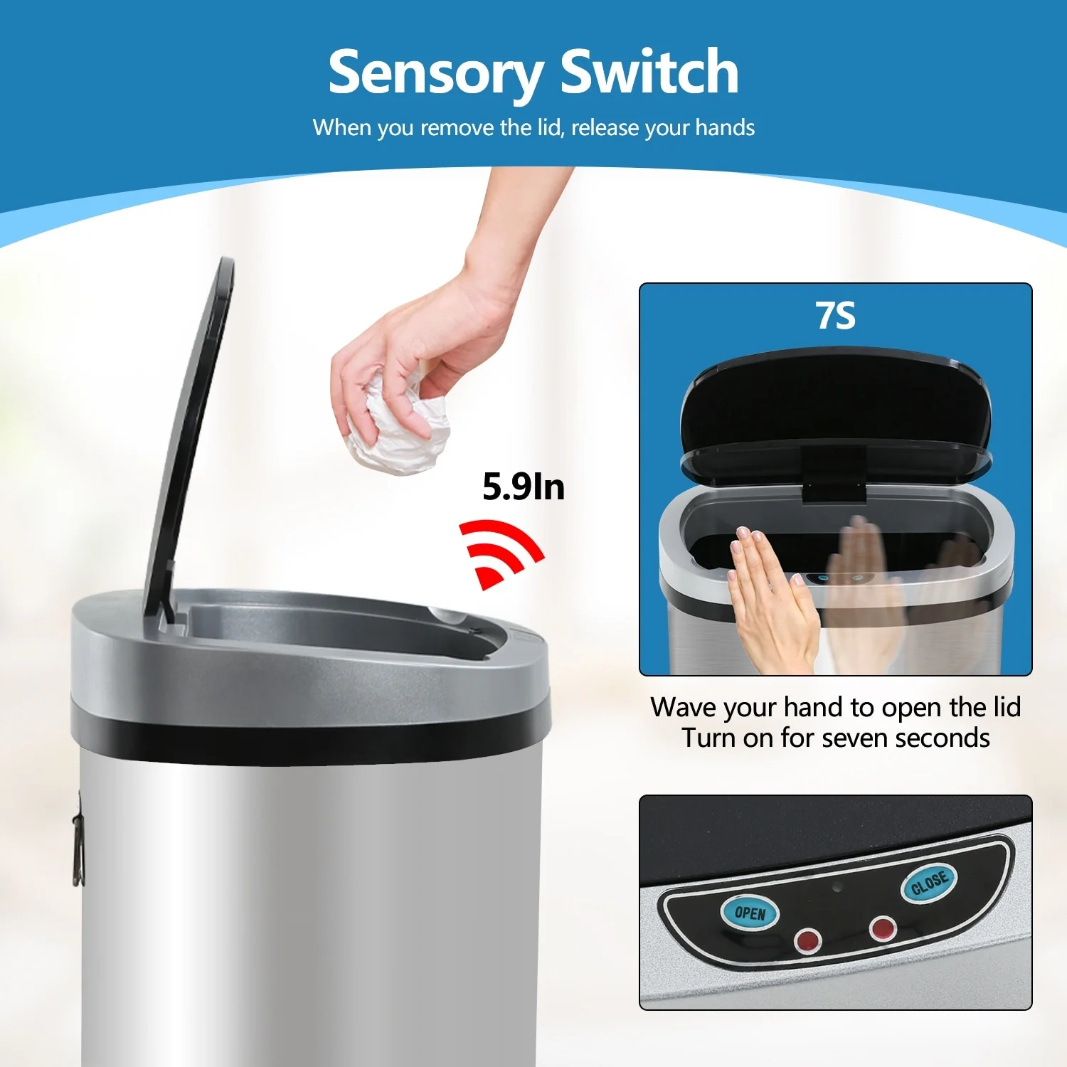 Motion Sensor 13 Gallon 50 Liter Stainless Steel Odorless Slim Trash Can by Furniture of America