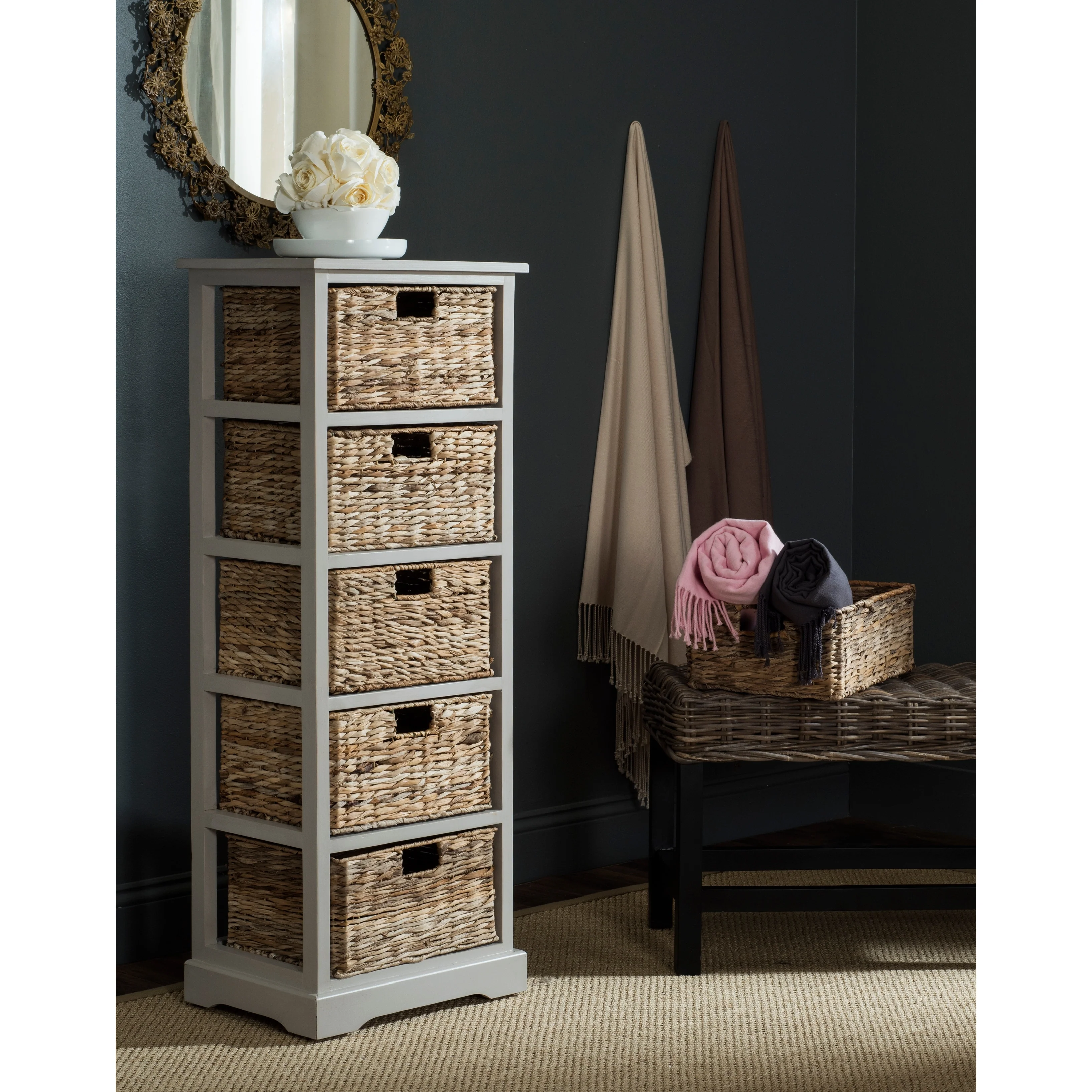SAFAVIEH Faith Distressed Black 5-Drawer Wicker Basket Storage Tower - 17.3