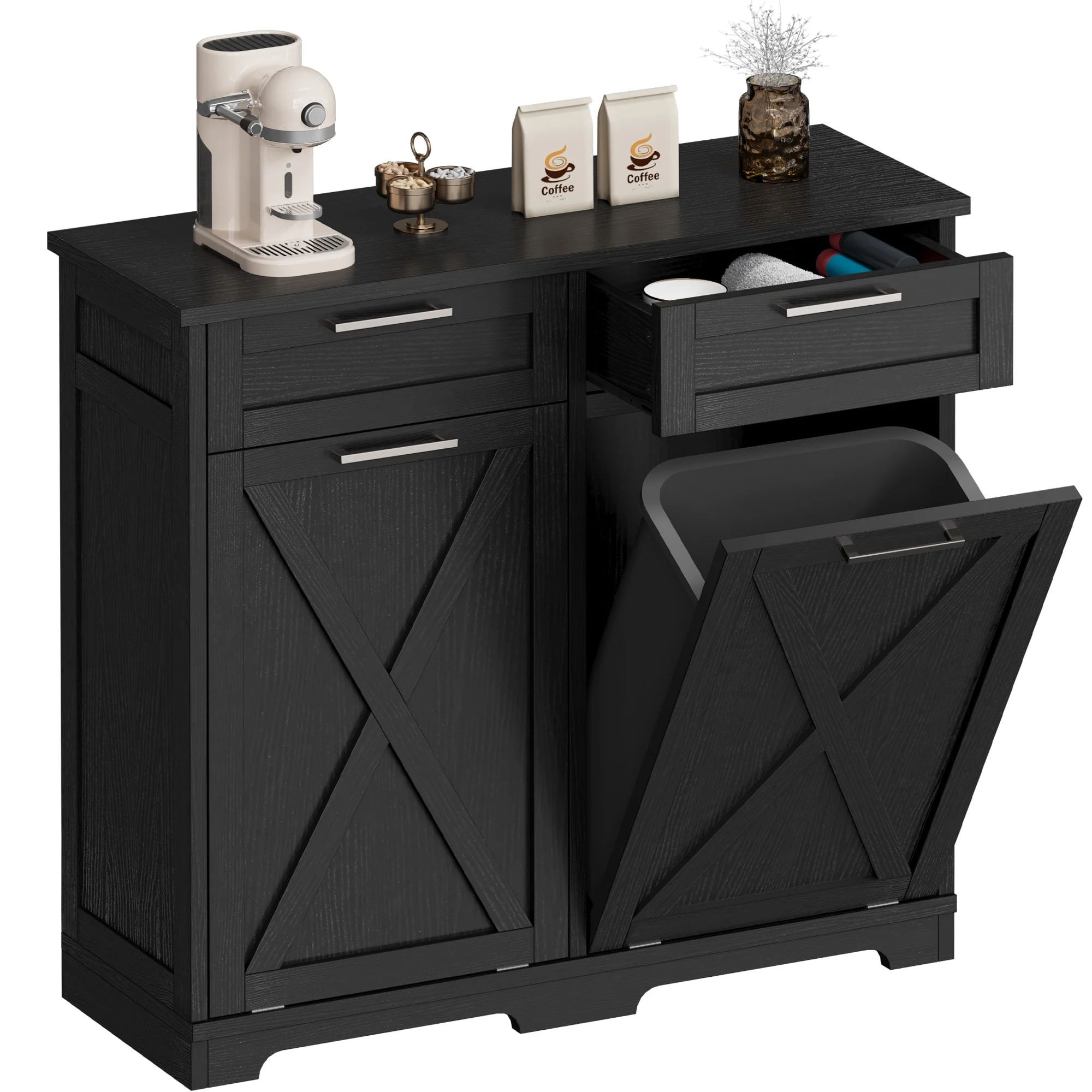 Moasis Kitchen Wooden Double Tilt Out Trash Can Cabinet with 2-Drawer
