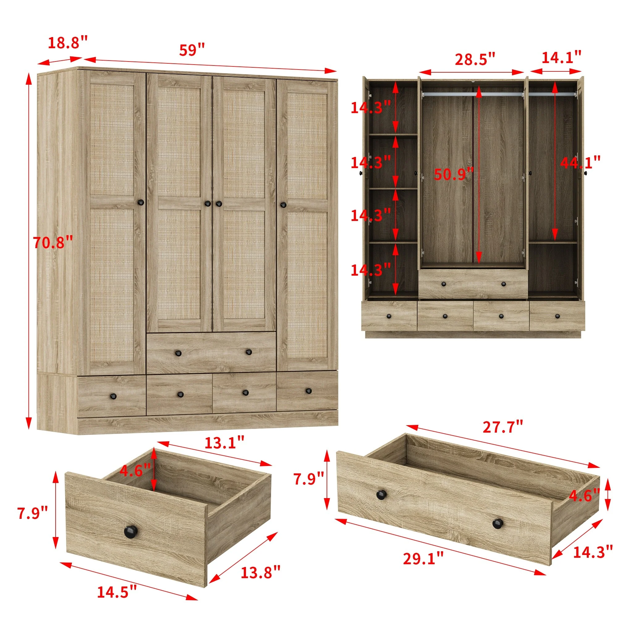 Large Storage Wardrobe Versatile Rattan Door Closet with Deep Drawers