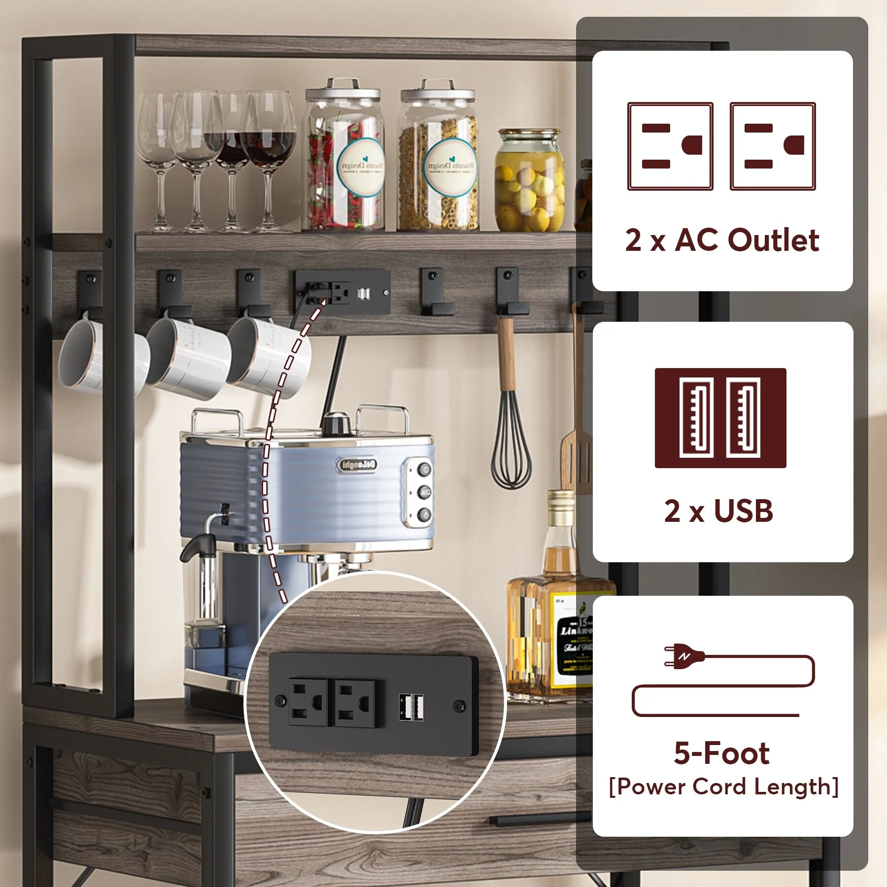 Kitchen Bakers Rack with Power Outlets, High Utility Storage Shelves Microwave Stand with Drawers