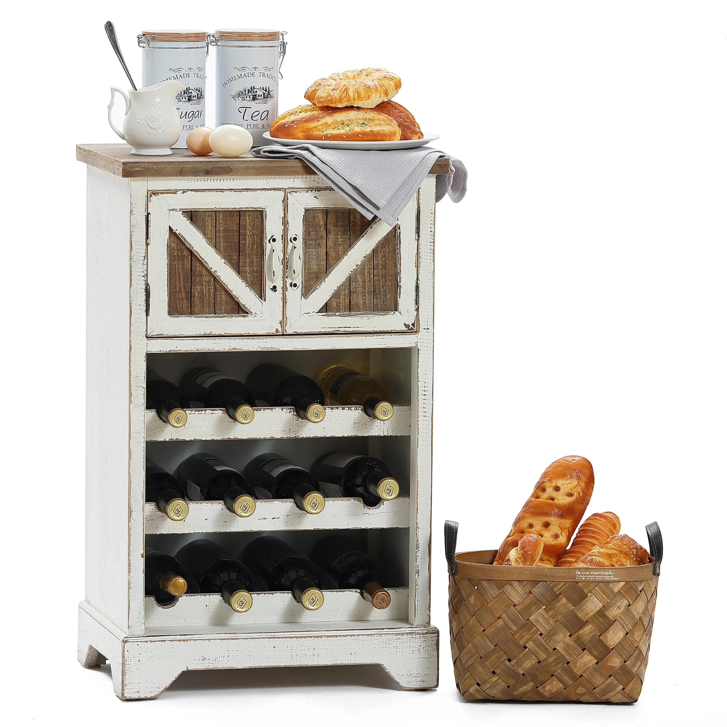 White and Natural Wood 2-Door Wine Cabinet - 30.9