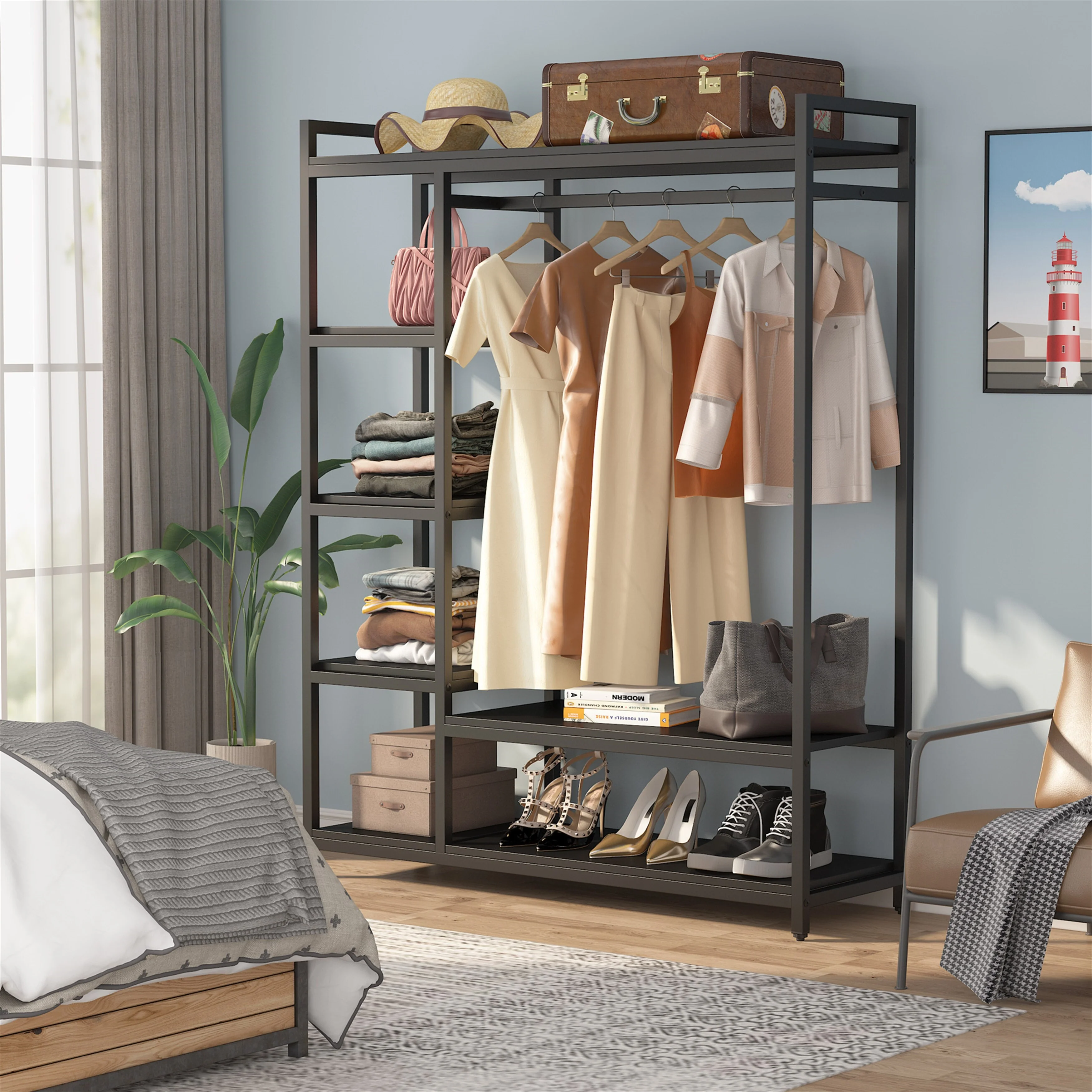 Black/ White Modern Clothes Garment Rack,Metal and Wood Closet Rack Closet Organizer System with Hanging Rod and Shelf