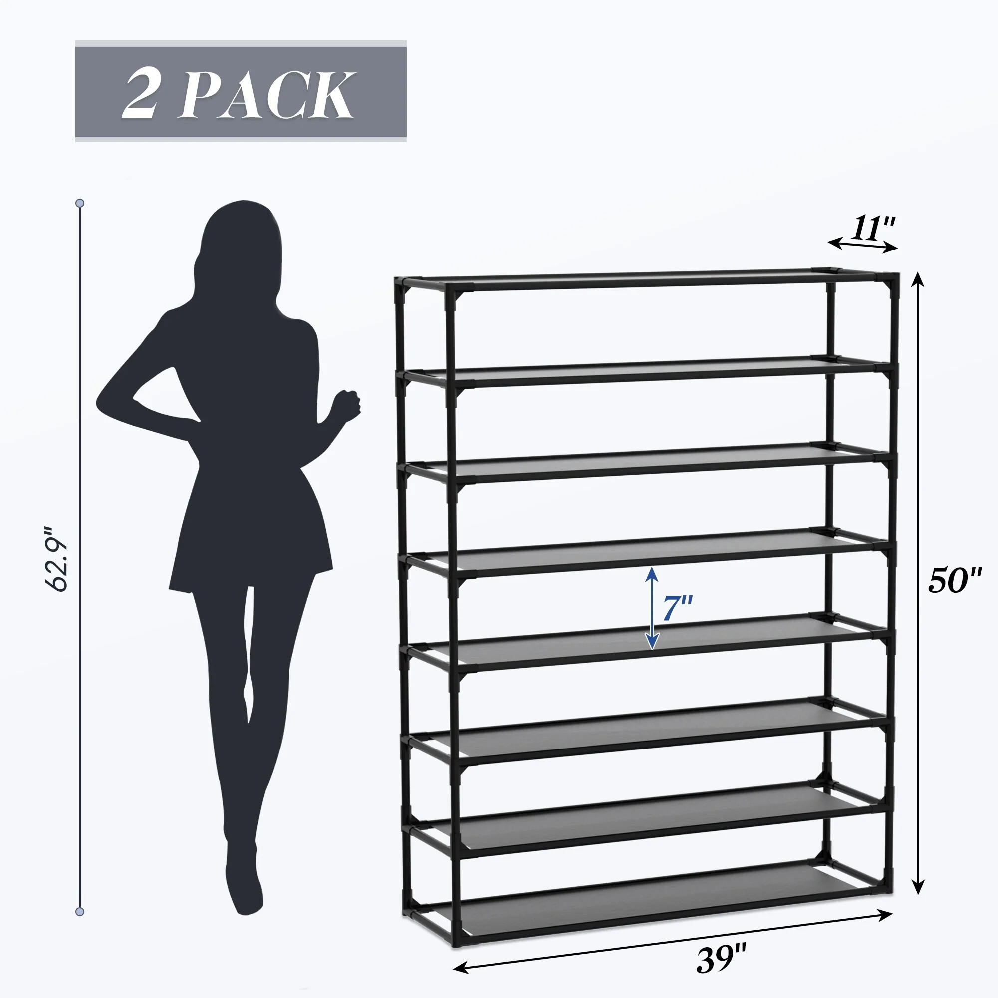Shoe Rack Detachable Non-Woven Waterproof Fabric Shoe Organizer Tower Black Set of 2