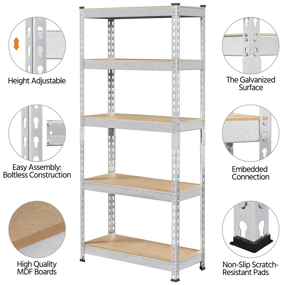 Yaheetech 5 Tiers Boltless Storage Shelf 330lb Capacity for Each Tier,Metal Frame MDF Wood Boards