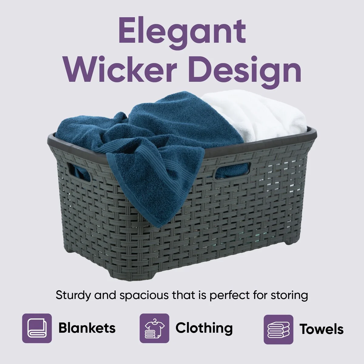 Superio Large Wicker Laundry Basket with Cutout Carry Handles - Capacity: 50l