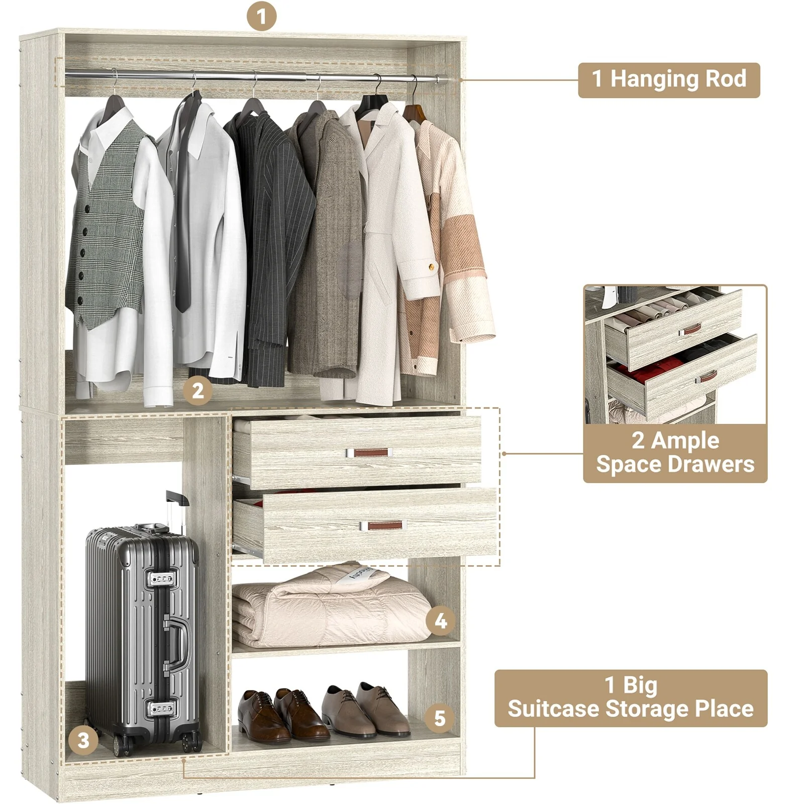 Vryon 40''W Freestanding Closet Organizer with Hanging Rod, Closet System Wardrobe with Wood Drawers
