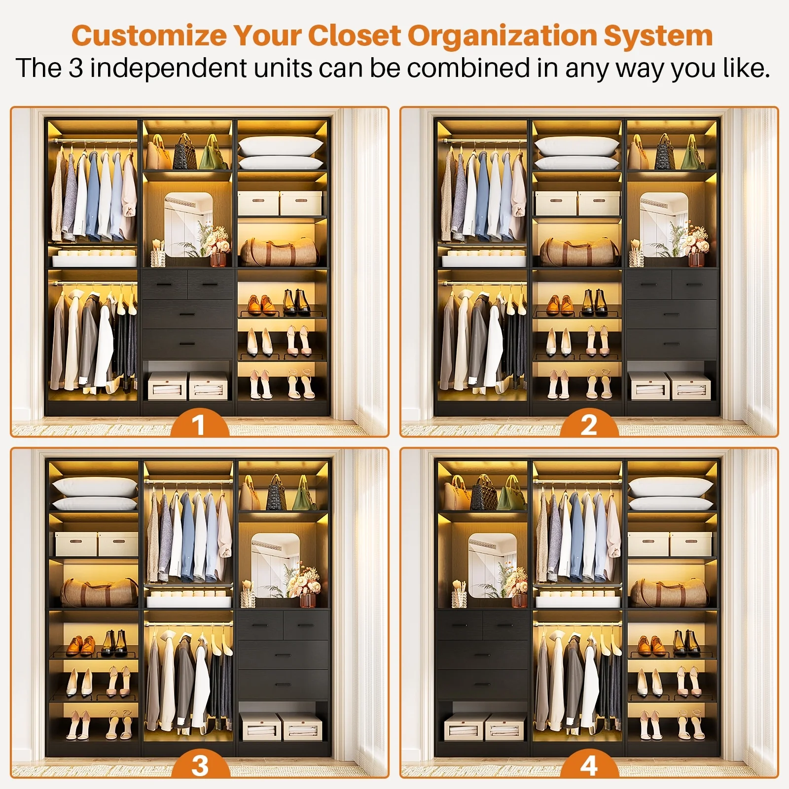 Cimly Set of 3 Freestanding Closet System with Drawers and Shoe Racks, 75'' Closet Organizer with Hanging Rods and Mirror