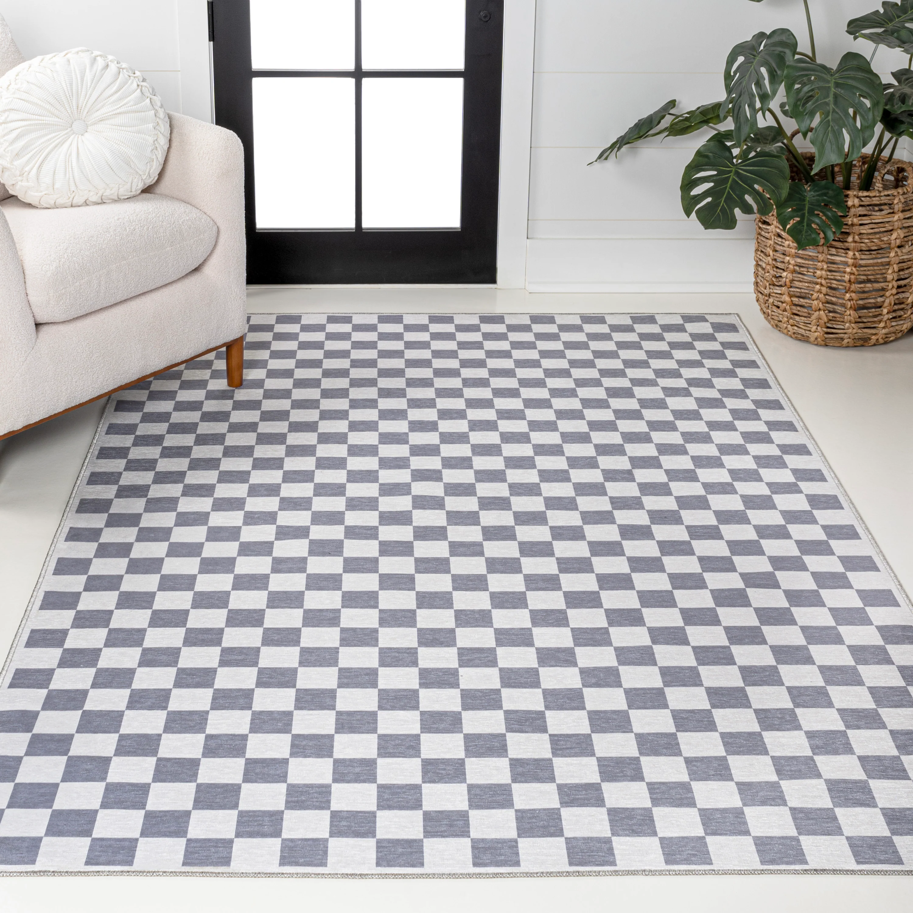 Ainsley Modern Cottage Checkerboard Washable Purple Area Rug
