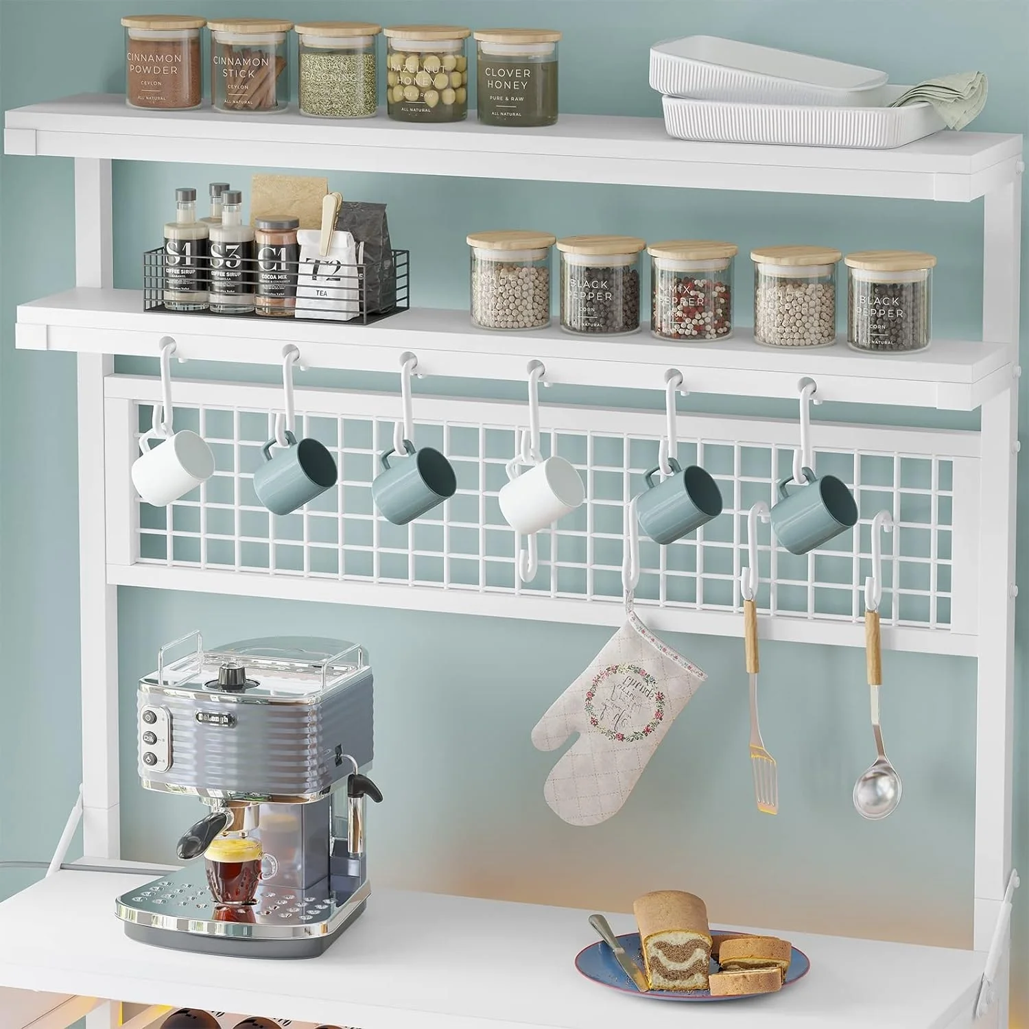 Bakers Rack with Power Outlet 6-Tier Coffee Bar Microwave Stand