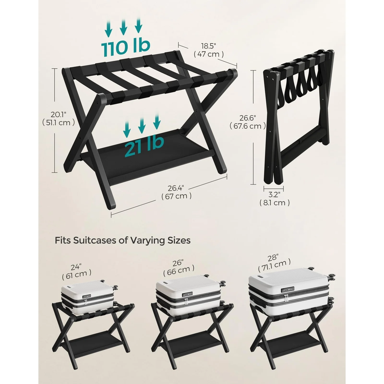 Luggage Rack, Set of 2, Folding Suitcase Stand with Storage Shelf, for Guest Room,Heavy-Duty, Holds up to 131 lb