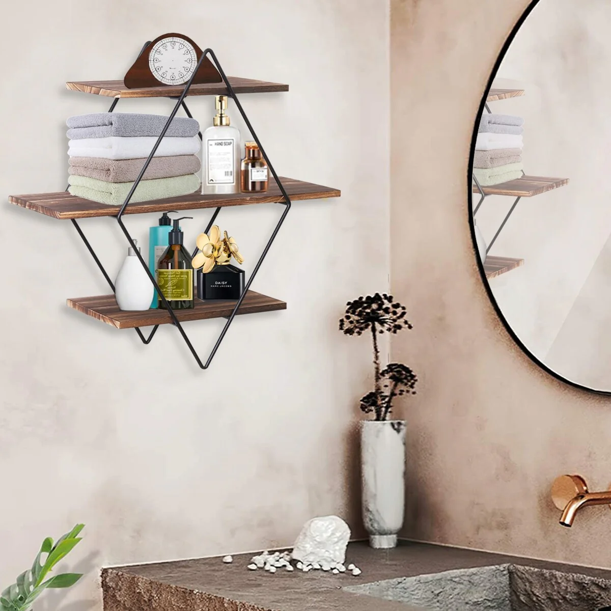 3Tier Metal Wall Shelves in Geometric Diamond for Home Display Storage