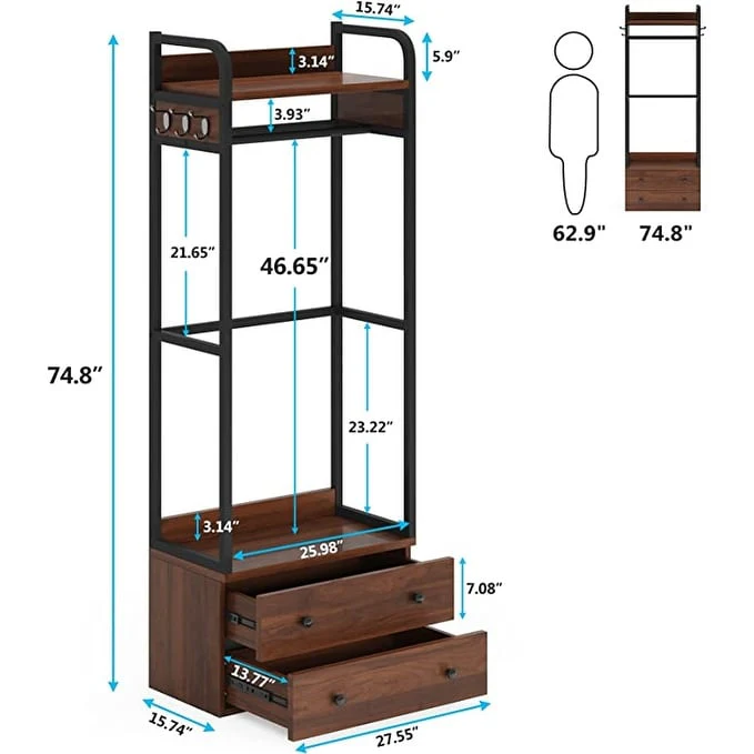 Freestanding Closet Organizer Small Clothes Rack Coat Rack with Drawers and Shelves