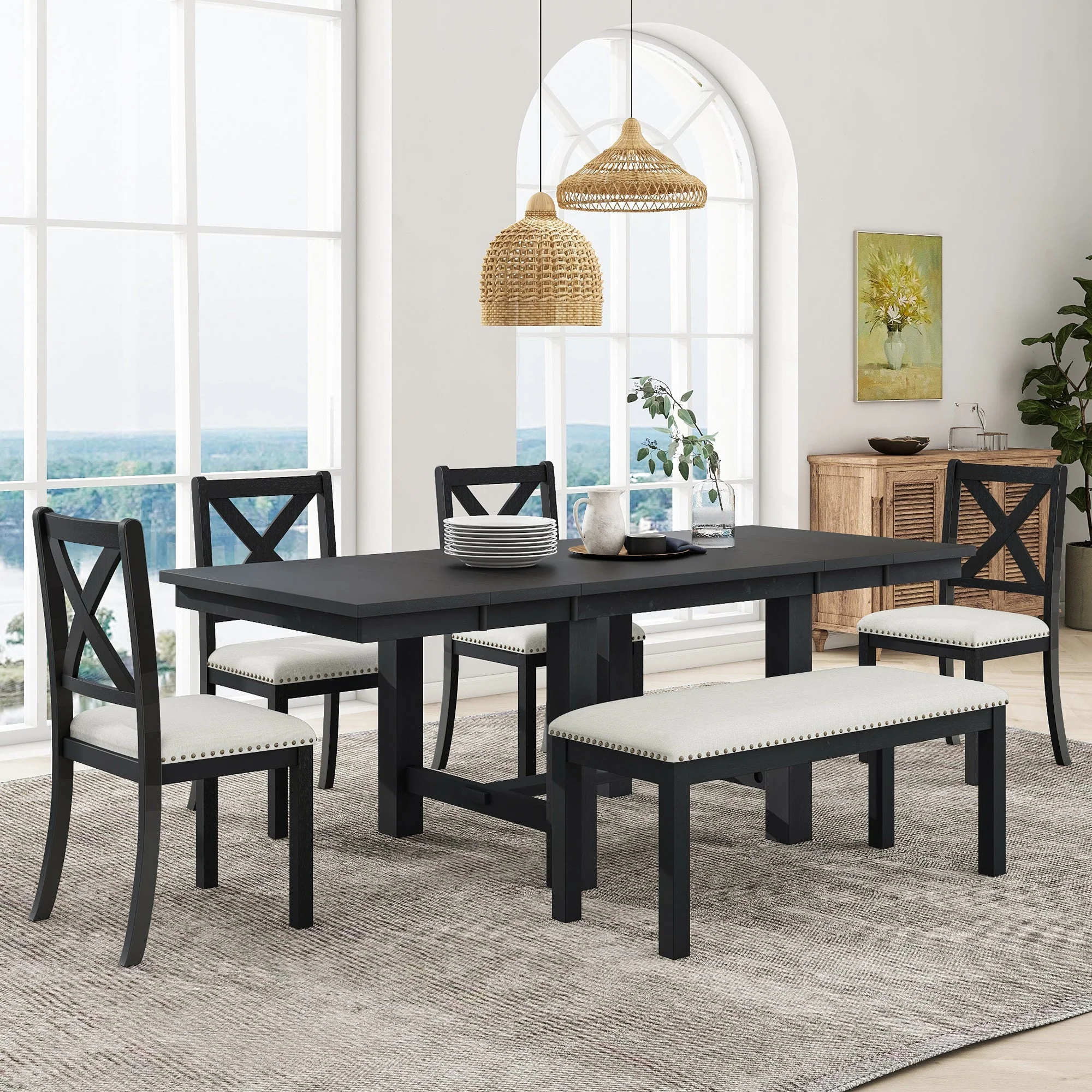 Farmhouse 82 6-Piece Extendable Dining Table with Footrest, 4 Upholstered Dining Chairs, Dining Bench and Two 11 Removable Leaf