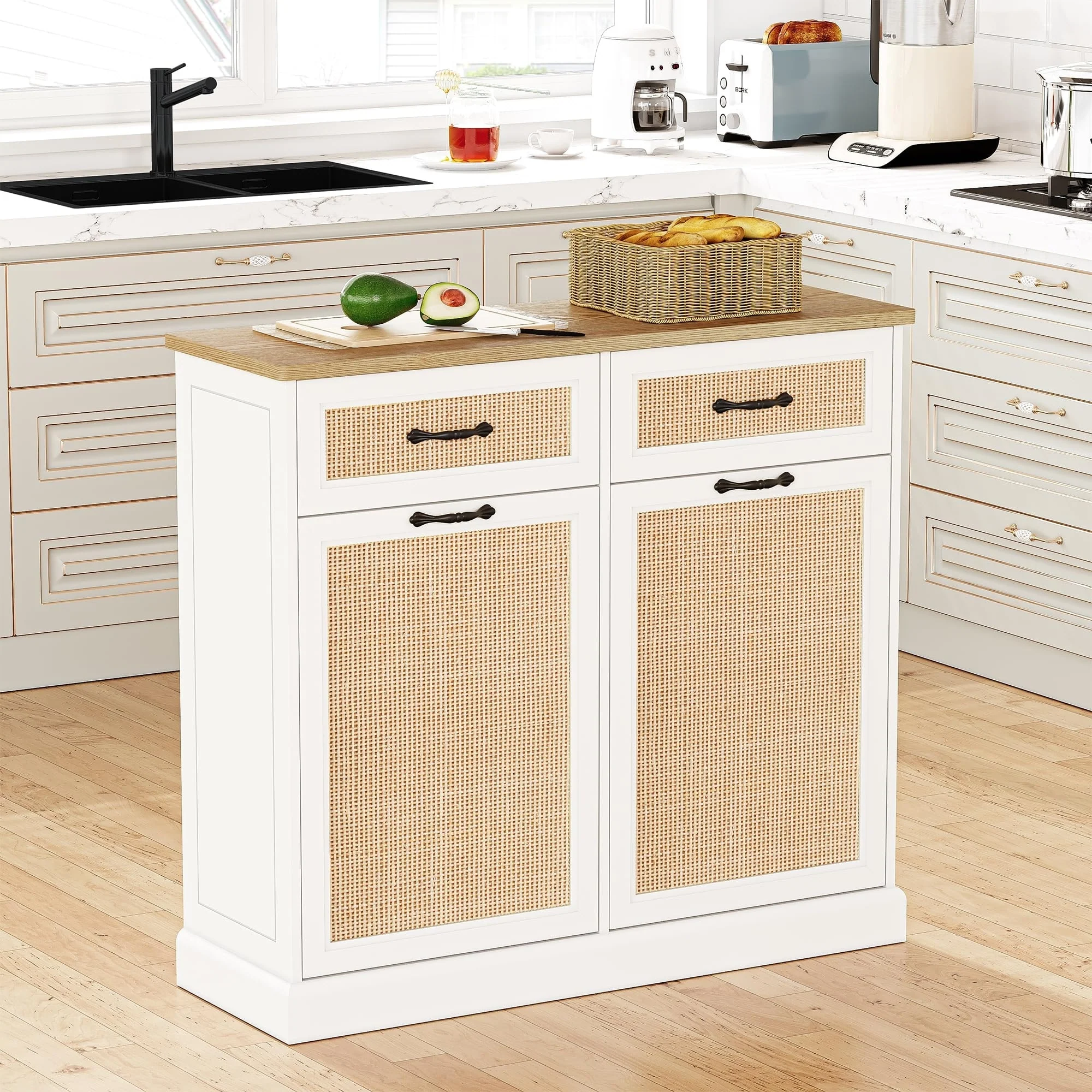 Rattarn Kitchen Tilt Out Trash Can Cabinet with Drawer