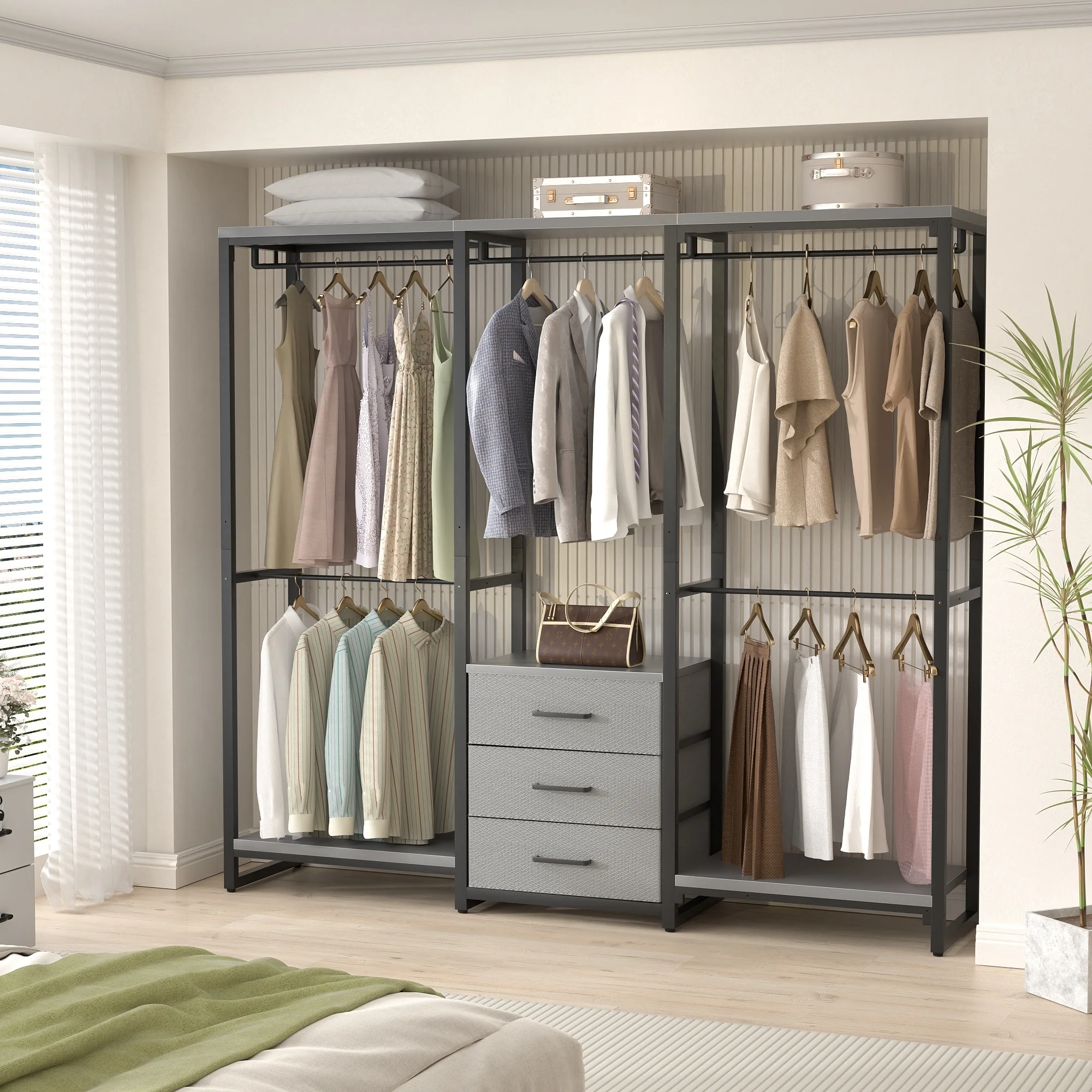 65.6'' Heavy-duty Garment Rack, Freestanding Closet Organizer with Fabric Drawers and 5 hanging Rods