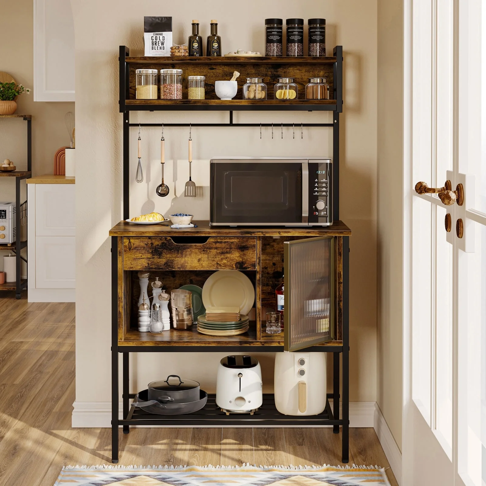 59 Inch LED Bakers rack, Kitchen Baker's Rack With hooks and Adjustable Shelf - 59″H×33.8″W