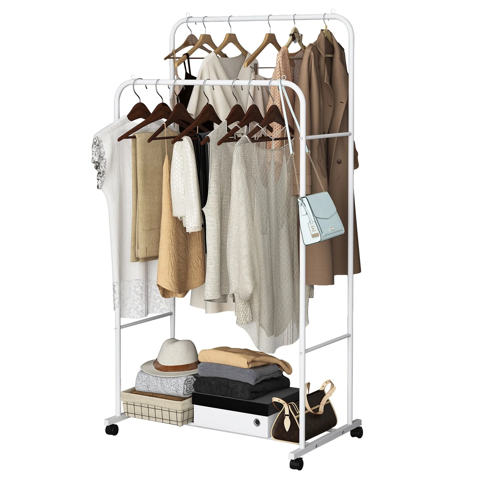 Heavy Duty Clothes Rack Double Rod Clothing Stand with Shelf - 31.4x20x61 inch
