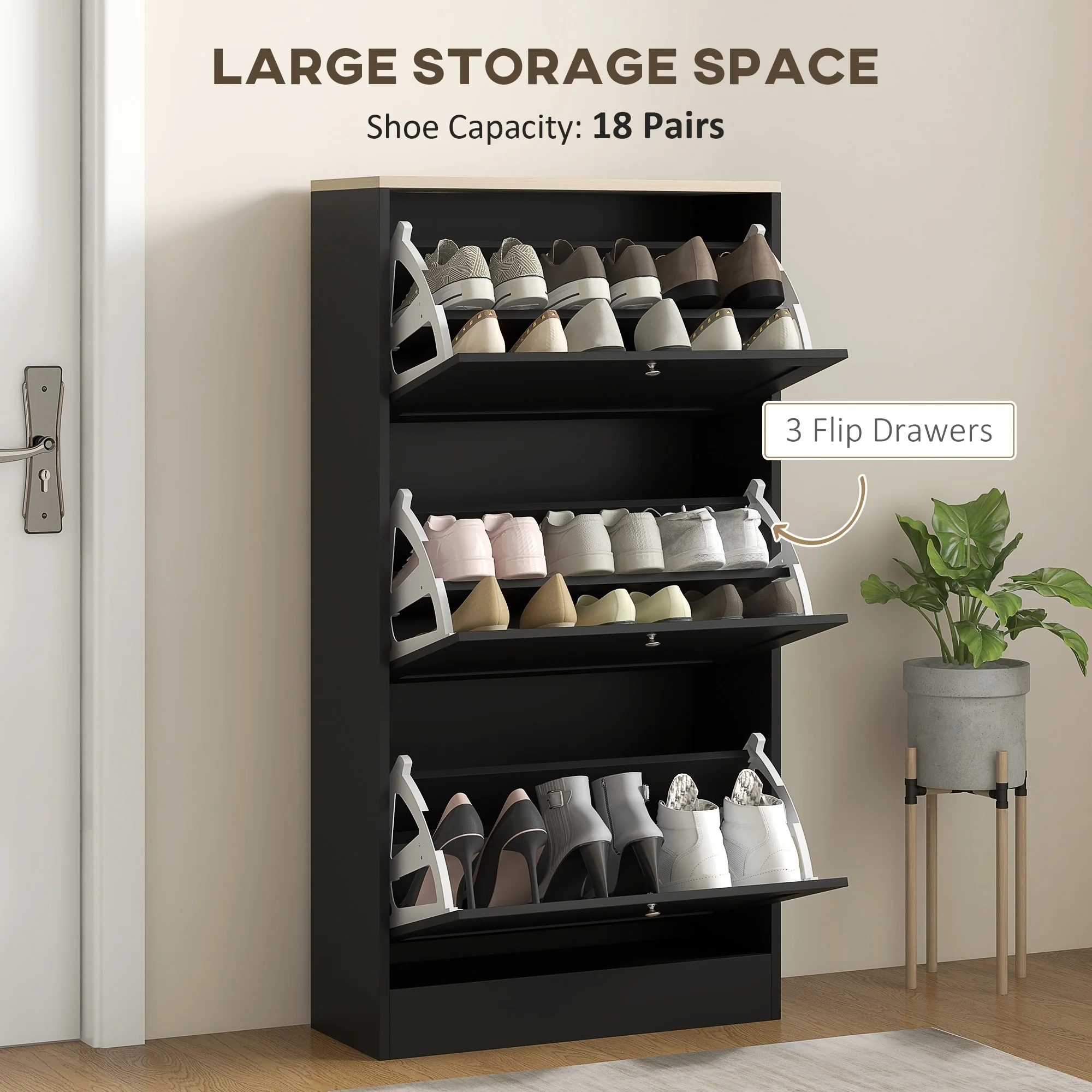 HOMCOM Narrow Shoe Storage Cabinet for Entryway with 3 Flip Drawers and Adjustable Shelves