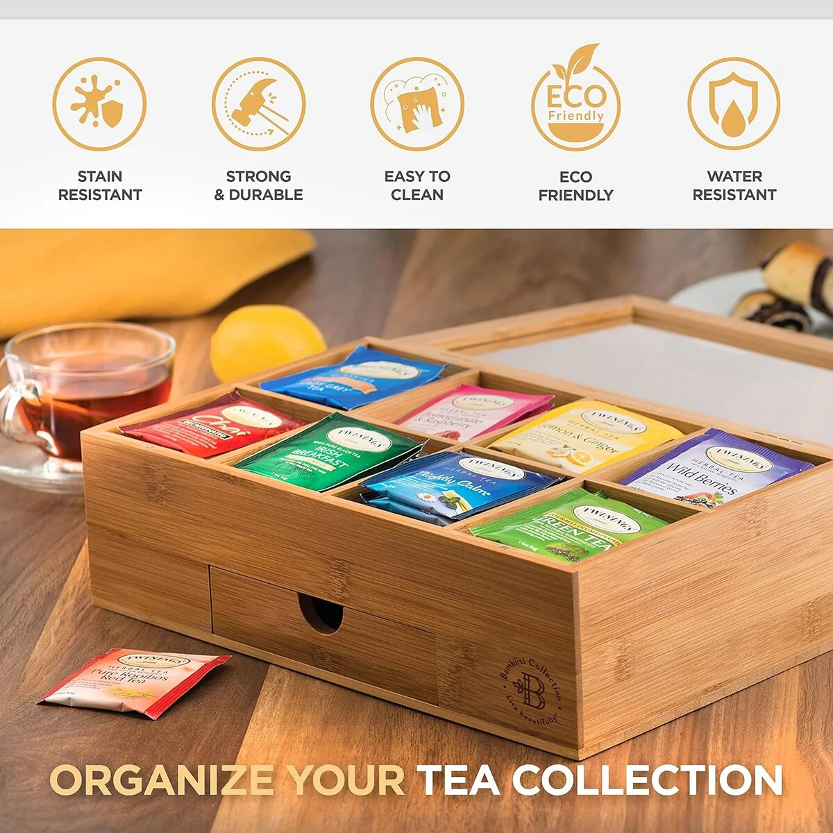 Tea Bag Organizer - Tea Organizer: Wooden Tea Box with 8 Compartments, Acrylic Window, and Magnetic Lid, Made of Bamboo