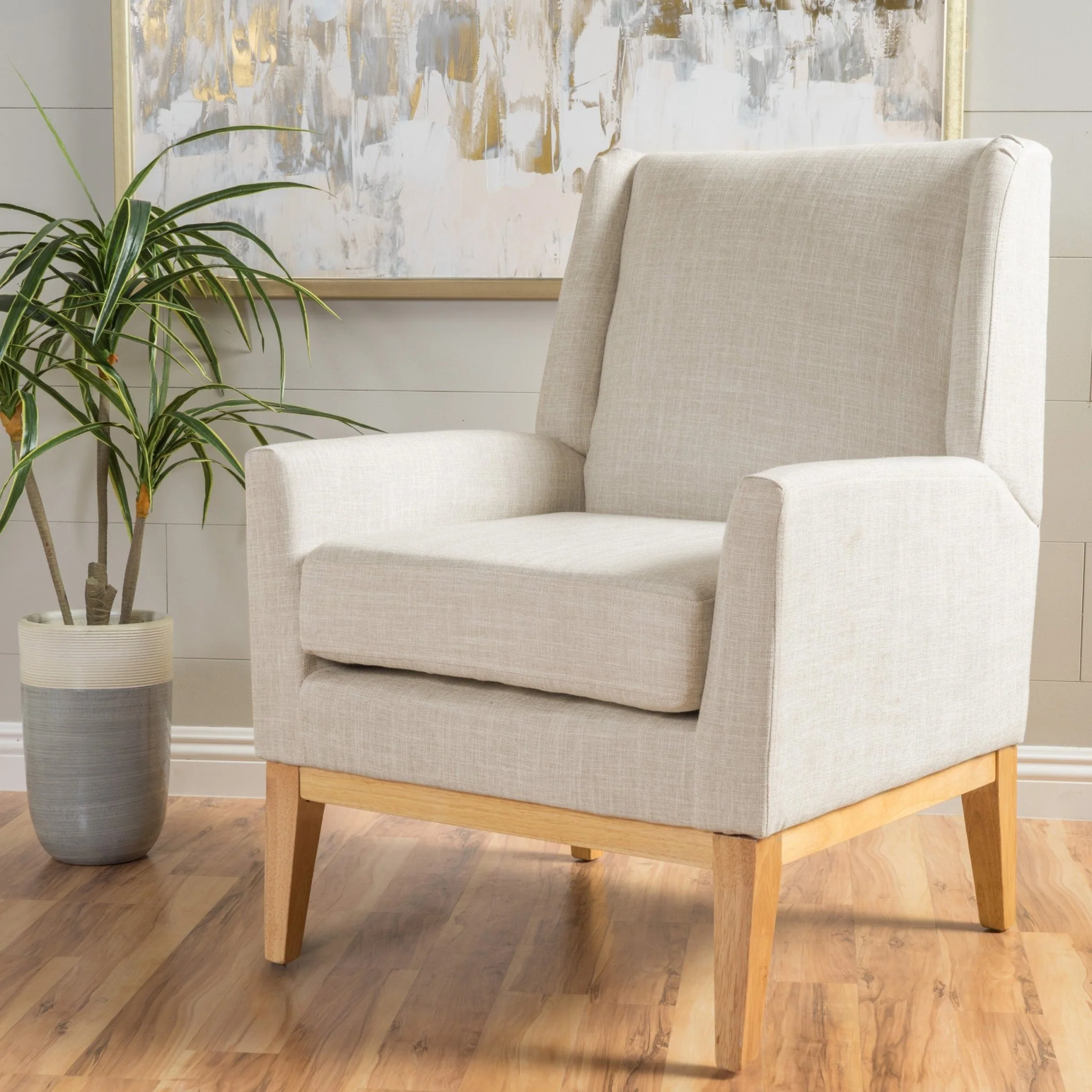 Dimensionality Upholstered Accent Chair with Wing Back and Wood Legs