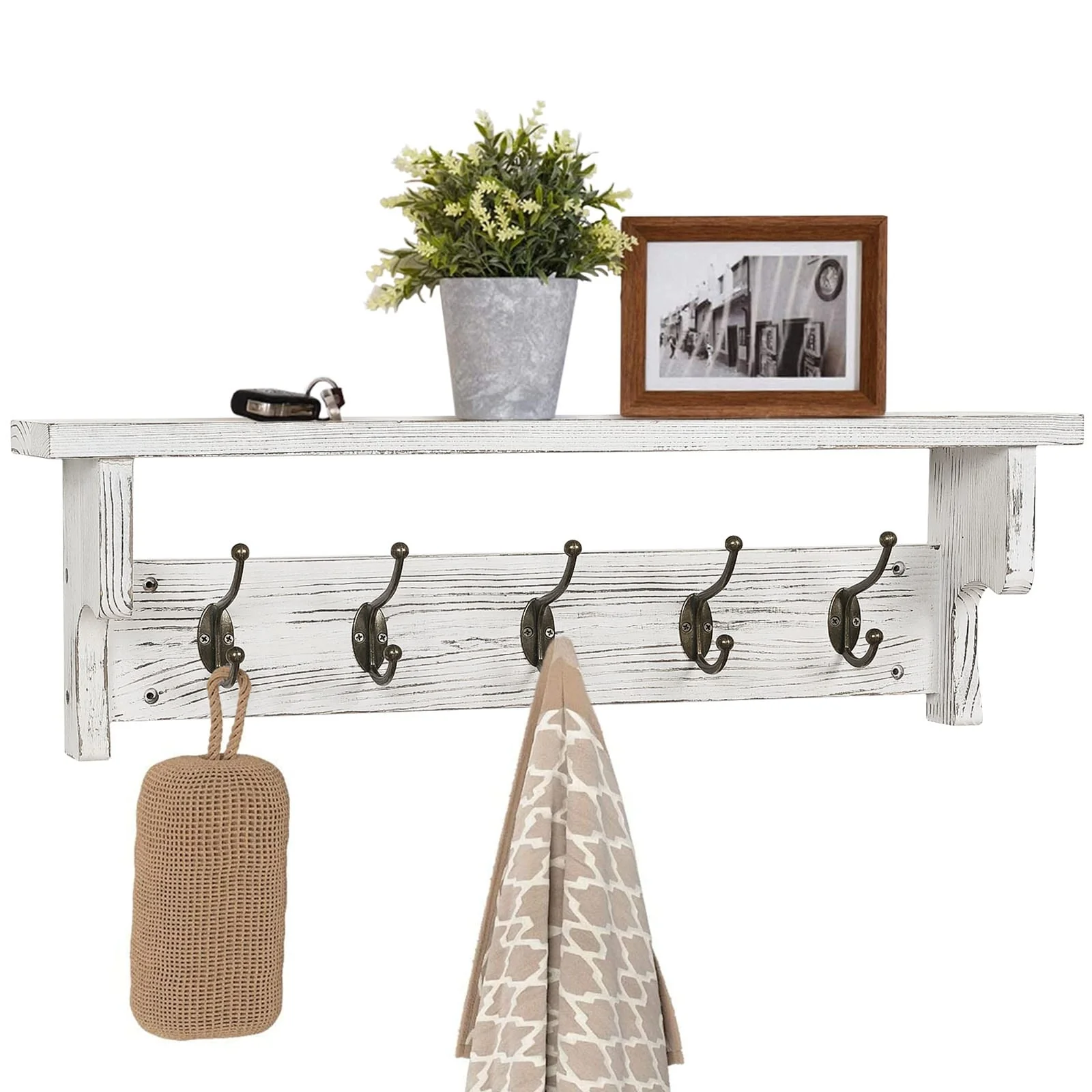 Rustic Wall Mounted Coat Rack with Storage Shelf & Metal Hooks