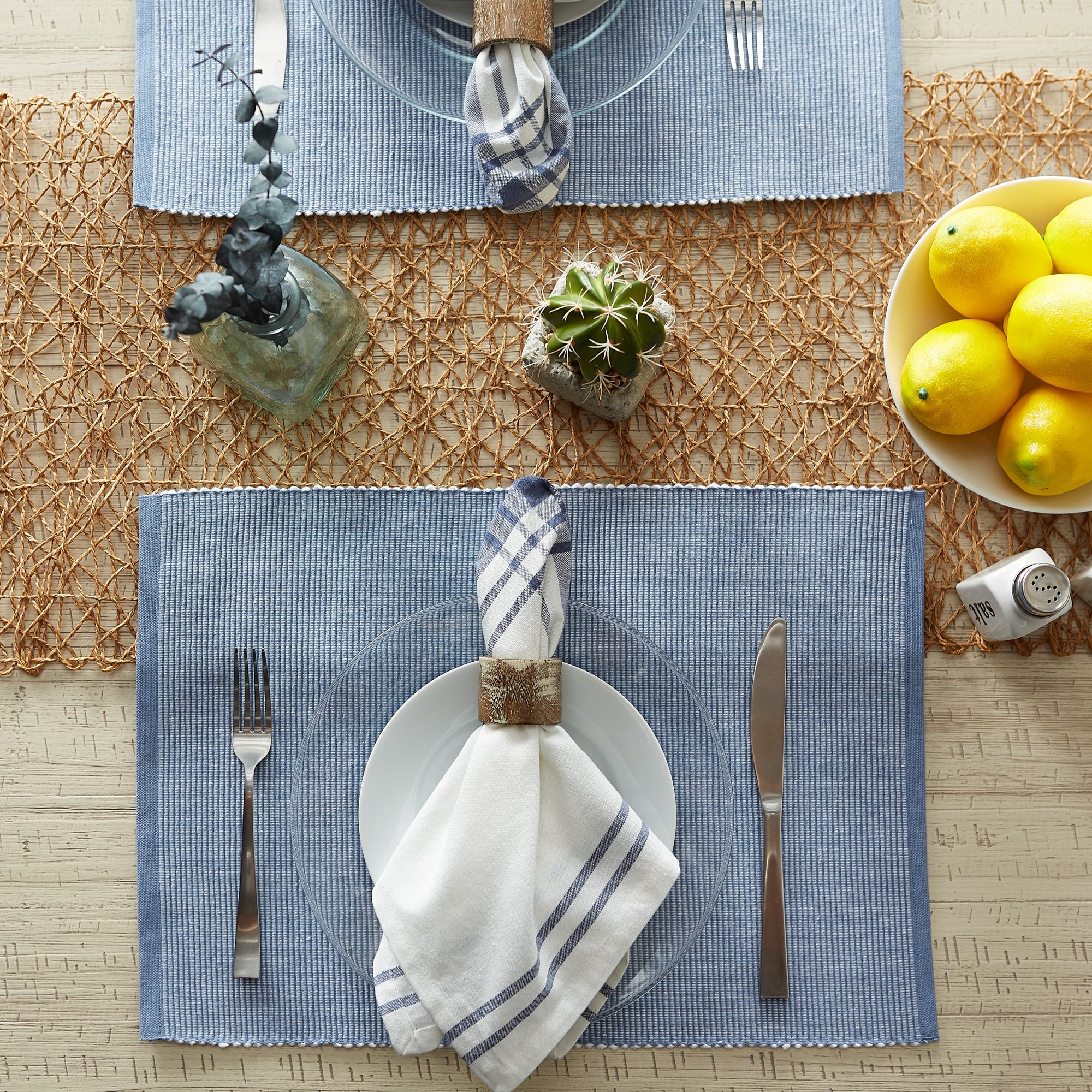 Stonewash Blue/White 2-Tone Ribbed Placemats, Set Of 6