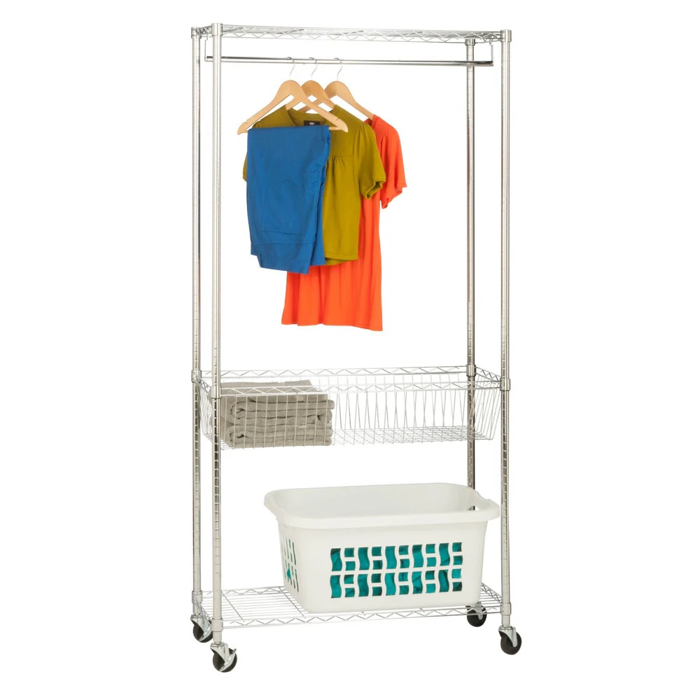 Honey-Can-Do Chrome Steel Rolling Laundry Clothes Rack with Shelves