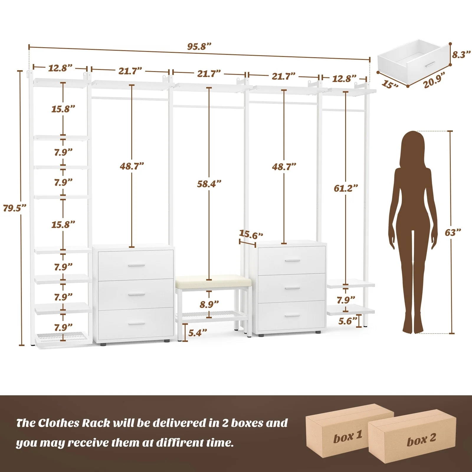 Walk in Closet System with 6 Closet Drawers, 96'' Multifunctional Clothes Rack Closet Organizer