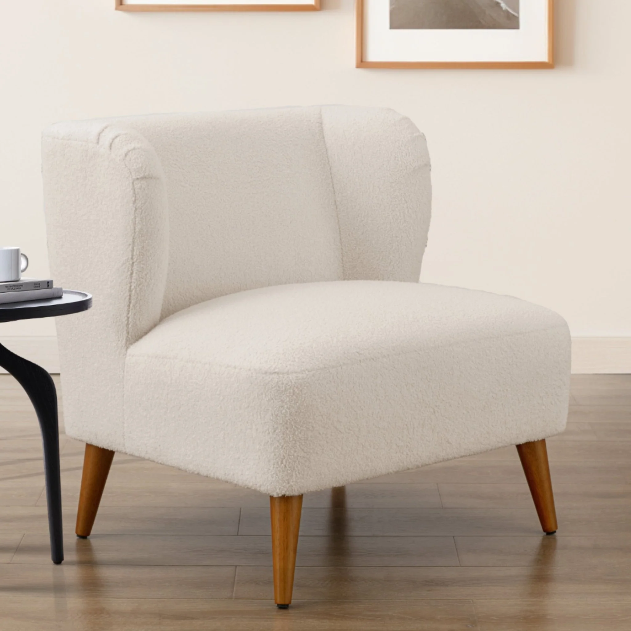 Boucle Accent Chair with Wing Back and Wood Legs