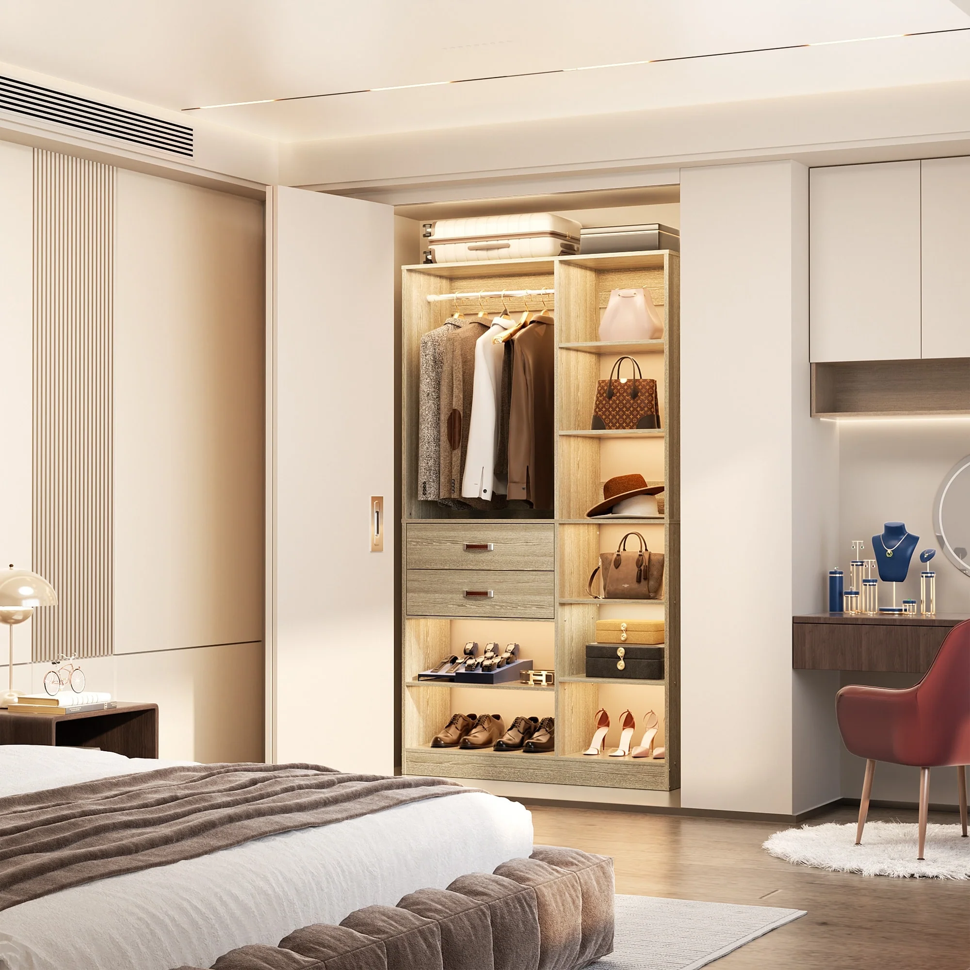 Vryon 40'' W Freestanding Closet System with 10 Storage Shelves and 2 Drawers and 1 Hanging Rods