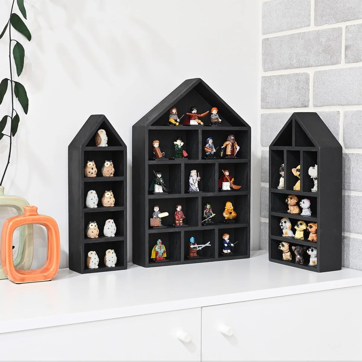 House-Shaped Wooden Shadow Cubby Display Shelf, Set of 3