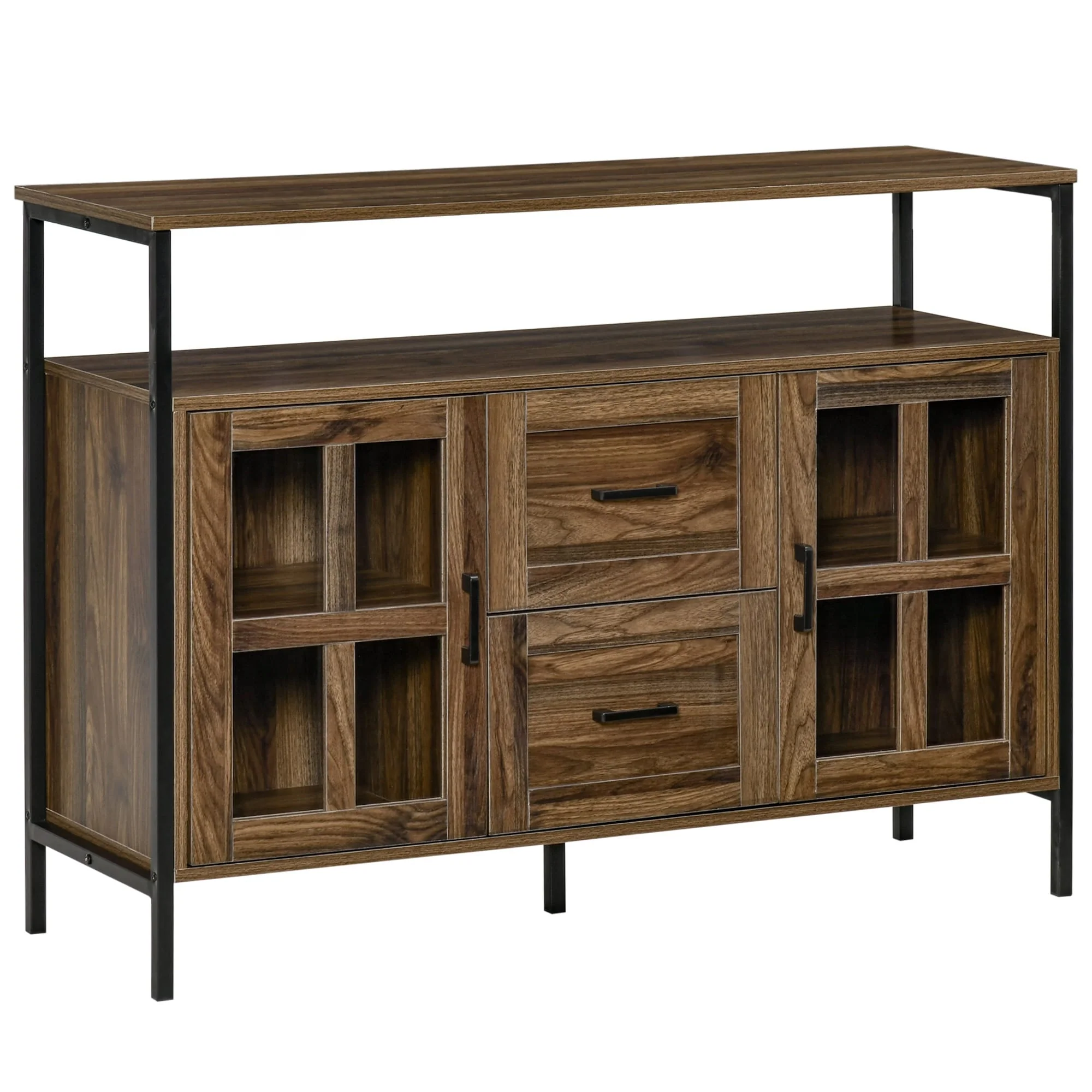 HOMCOM Rustic Kitchen Sideboard, Serving Buffet Cabinet with Adjustable Shelves, Glass Doors, and 2 Drawers