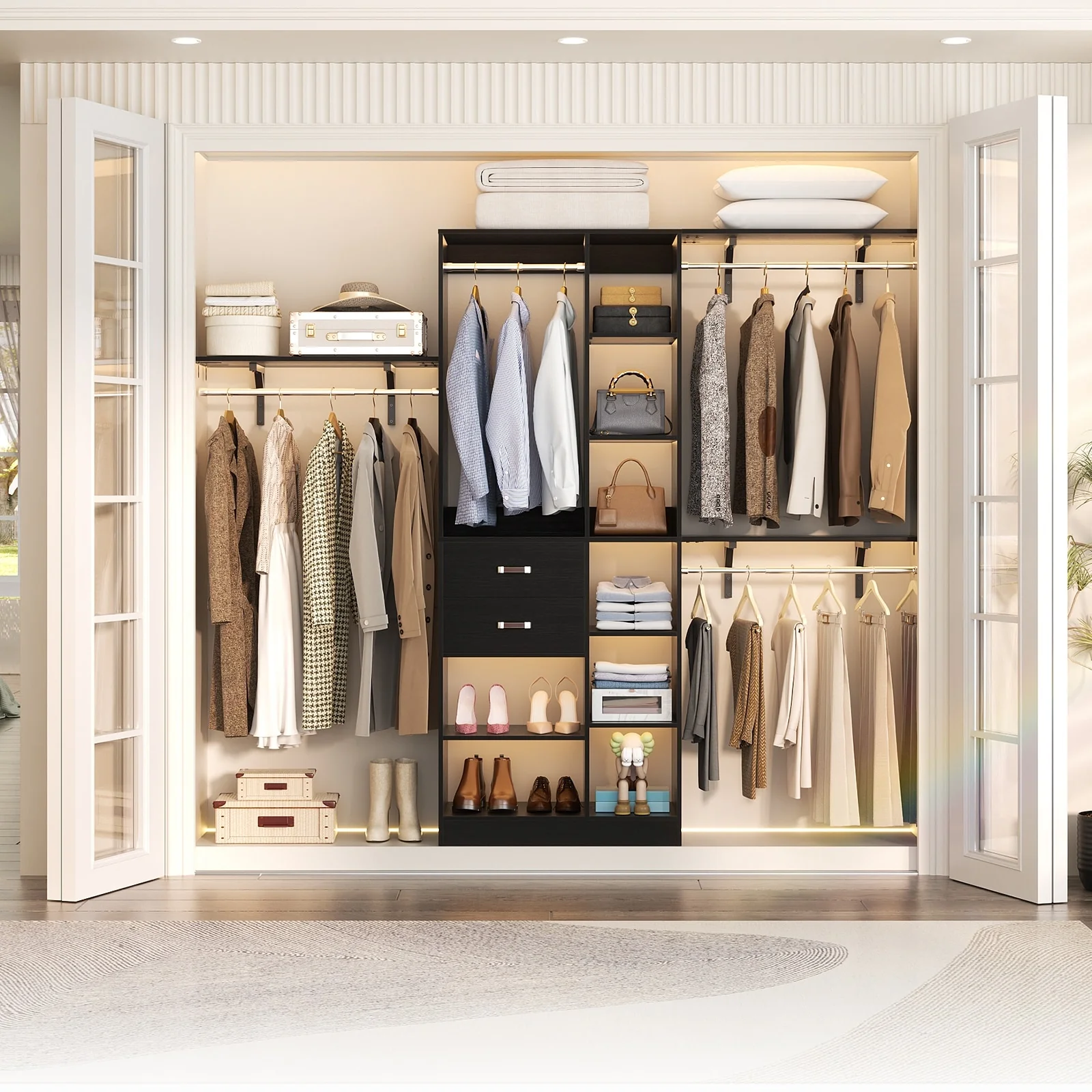 31.5'' to 96'' W Closet Organizer System with Drawers and Tower Shelves for Reach-in and Walk-in Closet