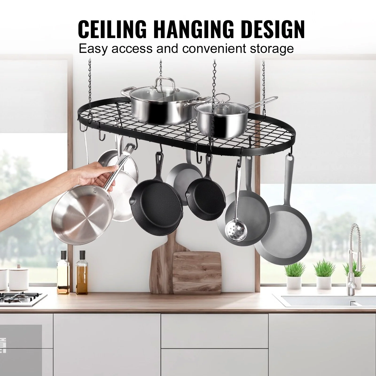 Hanging Pot Rack, Hanging Pot Rack Ceiling Mount, Ceiling Pot Rack with S Hooks, 80 lbs Loading Weight, Ideal for Home