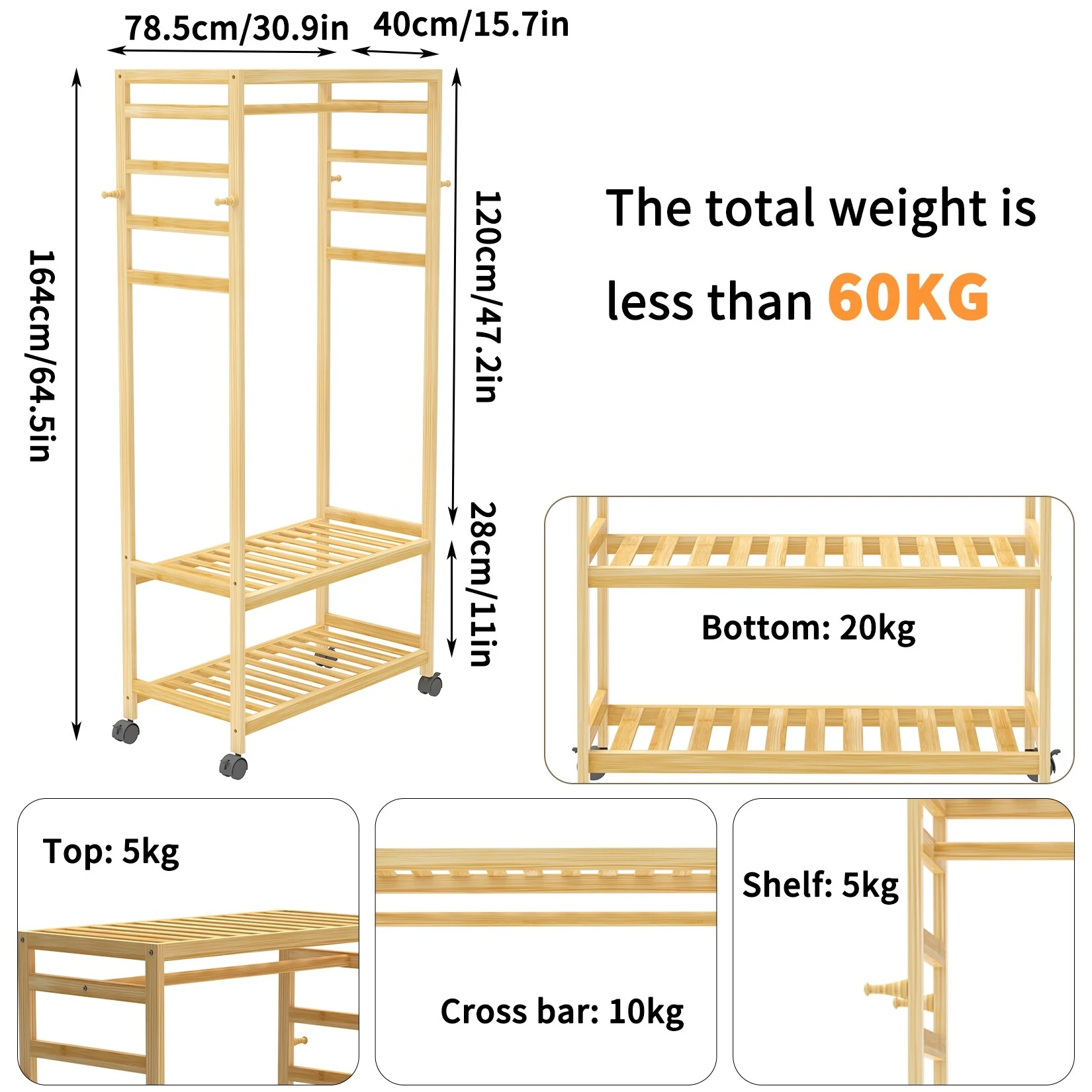Clothes Rack Bamboo Garment Rolling Rack with Side Hooks