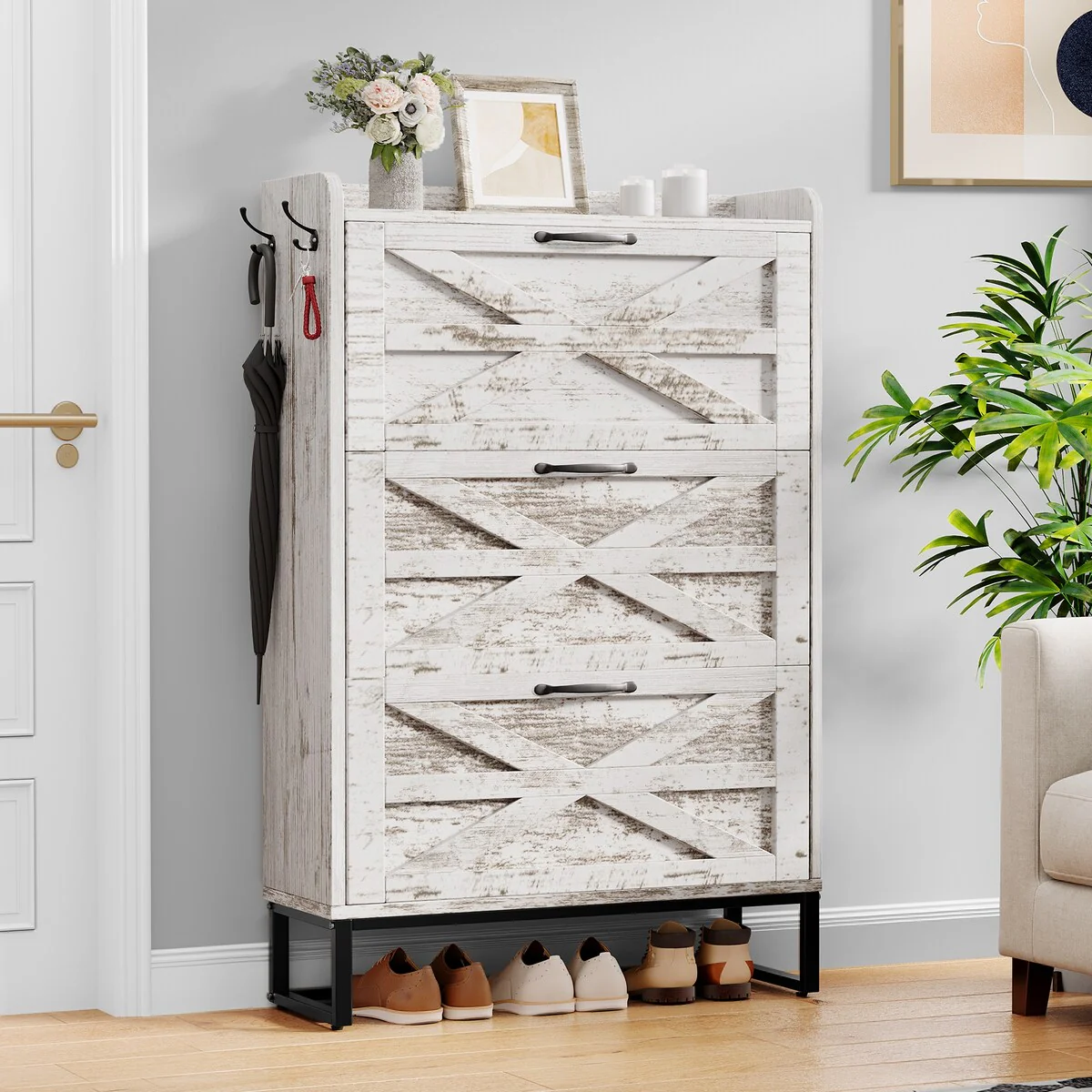 Moasis Farmhouse Flip Shoe Cabinet Shoe Storage Cabinet with 3 Flip Doors Adjustable Shelf - 31.4