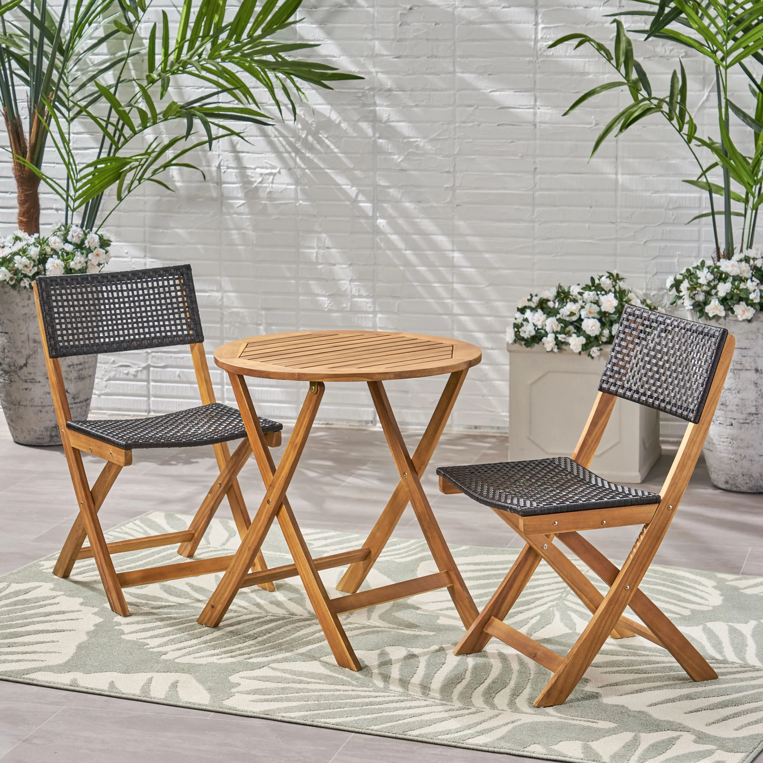 3-Piece Bistro Set with Circular Table and 2 Wicker Chairs