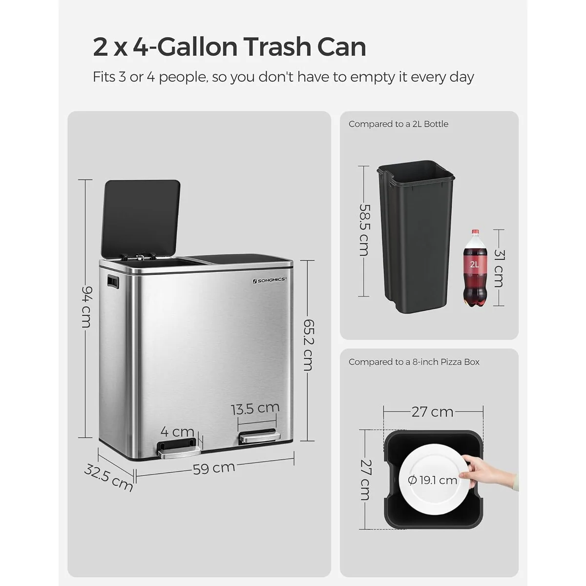 Dual Trash Can, 2 x 8-Gallon Rubbish Bin