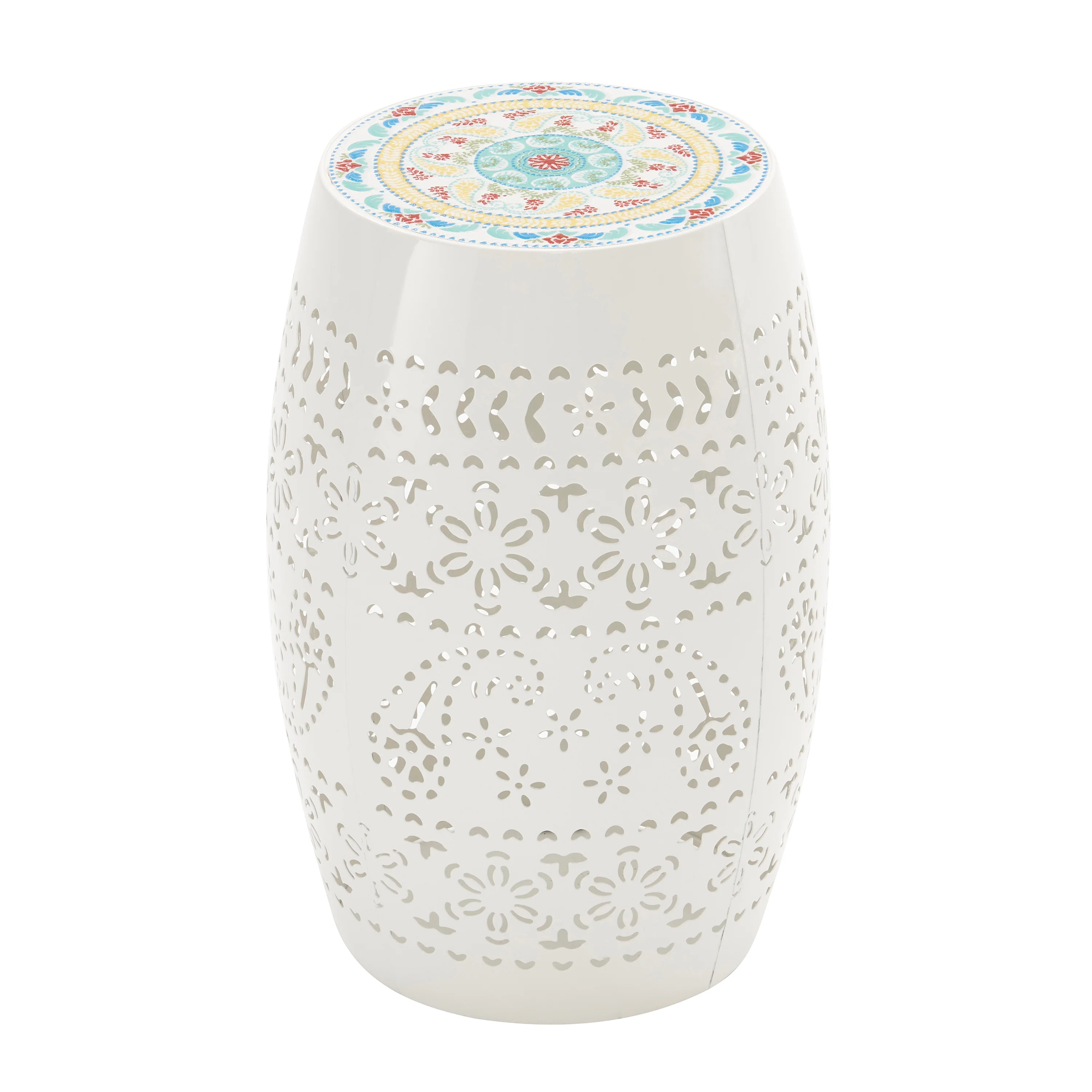 Perpetua Outdoor End Table with Ceramic Tile Top and Cut-Out Floral Pattern Frame