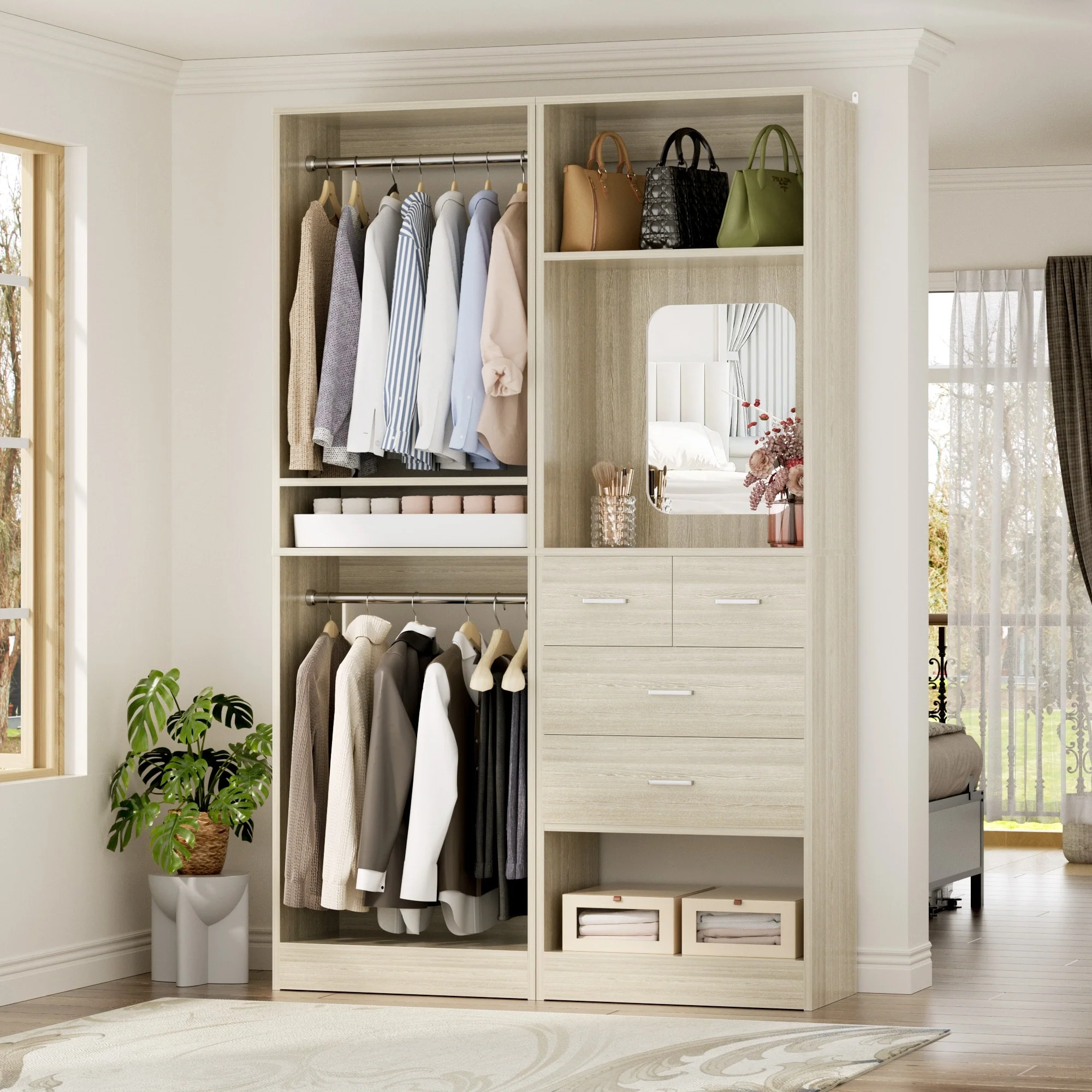 Cimly Set of 2 Free-standing Closet System with Drawers and Hanging Rods for Reach-in/ Walk-in Closet