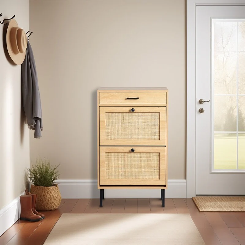 Real Rattan Shoe Cabinet with 2 Flip Drawers & 1 Small Drawer