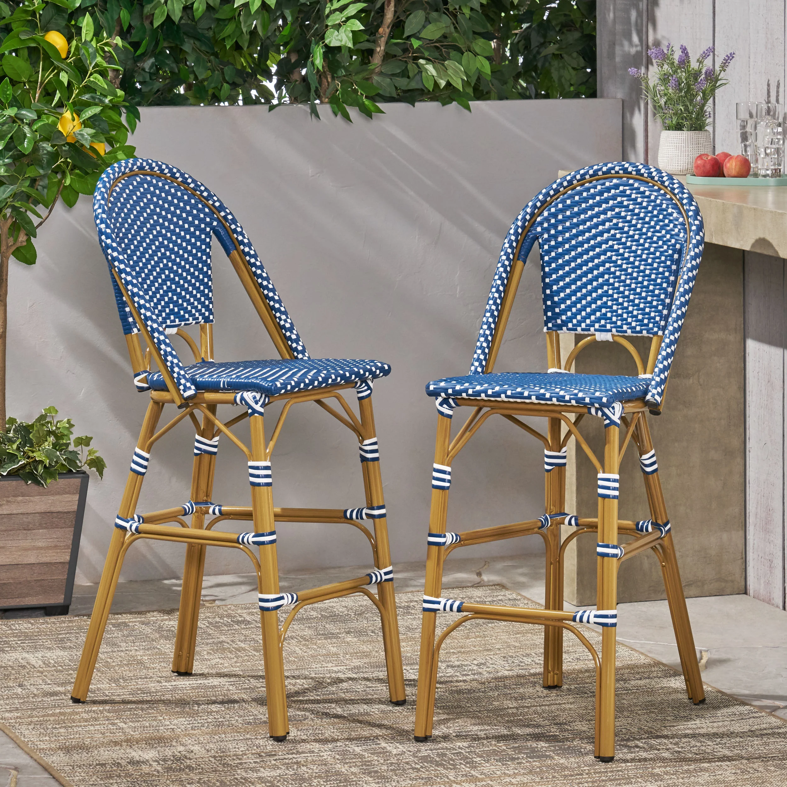 Clifftop 29.5 Outdoor Rattan Bar Stool with Aluminum Frame and Footrest, Set of 2